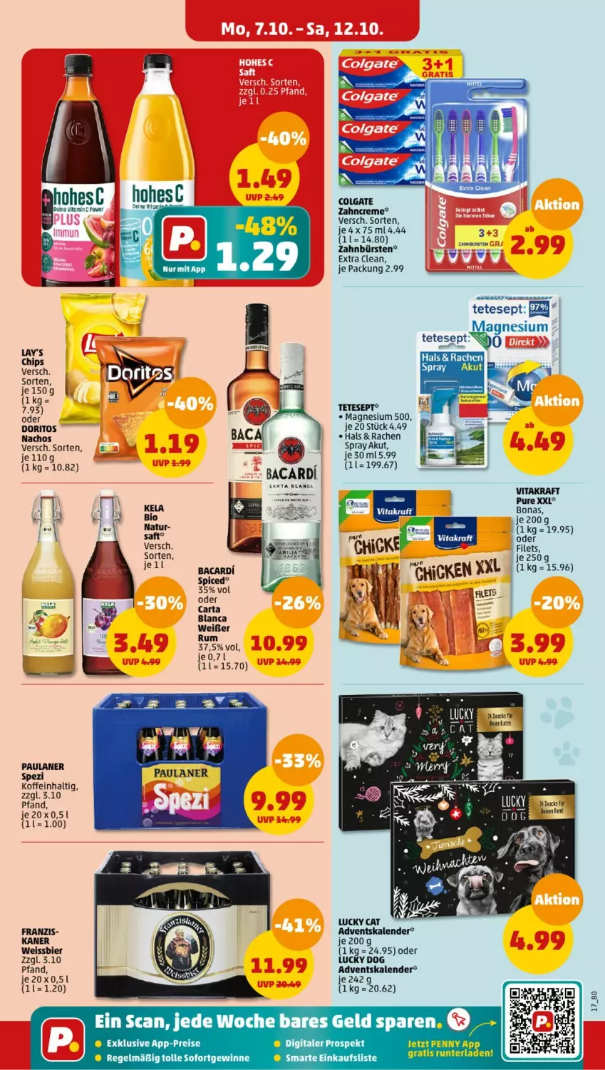 Aktueller Prospekt Penny - Prospekte - von 07.10 bis 12.10.2024 - strona 17 - produkty: Adventskalender, bacardi, bier, Bona, bürste, bürsten, chips, colgate, Doritos, eis, filet, filets, kraft, lay's, LG, magnesium, nacho, Nachos, Paula, paulaner, reis, rum, saft, Spezi, Ti, vita, vitakraft, weissbier, zahnbürste, zahnbürsten