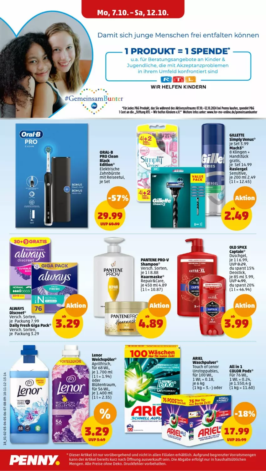 Aktueller Prospekt Penny - Prospekte - von 07.10 bis 12.10.2024 - strona 18 - produkty: Alwa, Always, angebot, angebote, ariel, bürste, Cap, deo, Deostick, Discreet, duschgel, eis, erde, gillette, HP, Kinder, lack, lenor, mac, mach3, Maske, Old Spice, oral-b, pantene, Pods, pril, pro-v, rasiergel, reis, shampoo, sim, Ti, venus, Waschpulver, zahnbürste