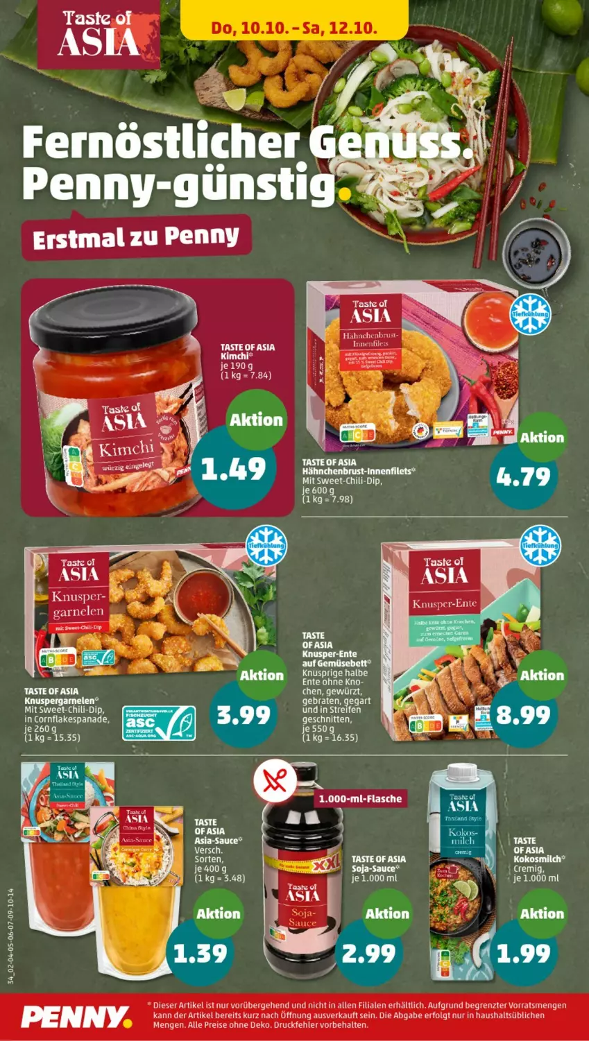 Aktueller Prospekt Penny - Prospekte - von 07.10 bis 12.10.2024 - strona 34 - produkty: bett, braten, chili, dip, eis, ente, filet, filets, flakes, flasche, garnelen, hähnchenbrust, kokos, kokosmilch, LG, milch, reifen, reis, sauce, soja, Ti, ZTE