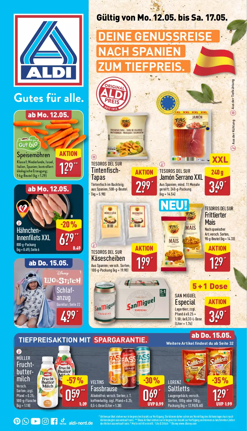 Aktueller Prospekt Aldi Nord - Von Montag - von 12.05 bis 17.05.2025 - strona 1 - produkty: aldi, alkohol, Anzug, aus der tiefkühlung, beutel, bier, brause, butter, buttermilch, disney, eis, fassbrause, filet, filets, fisch, flasche, frucht, garnitur, gin, jamón serrano, Käse, käsescheiben, Lagerbier, lorenz, mais, milch, möhren, Müller, nuss, reis, saltletts, serrano, speisemöhren, Tapas, Ti, tiefpreis, trolli, veltins, ZTE