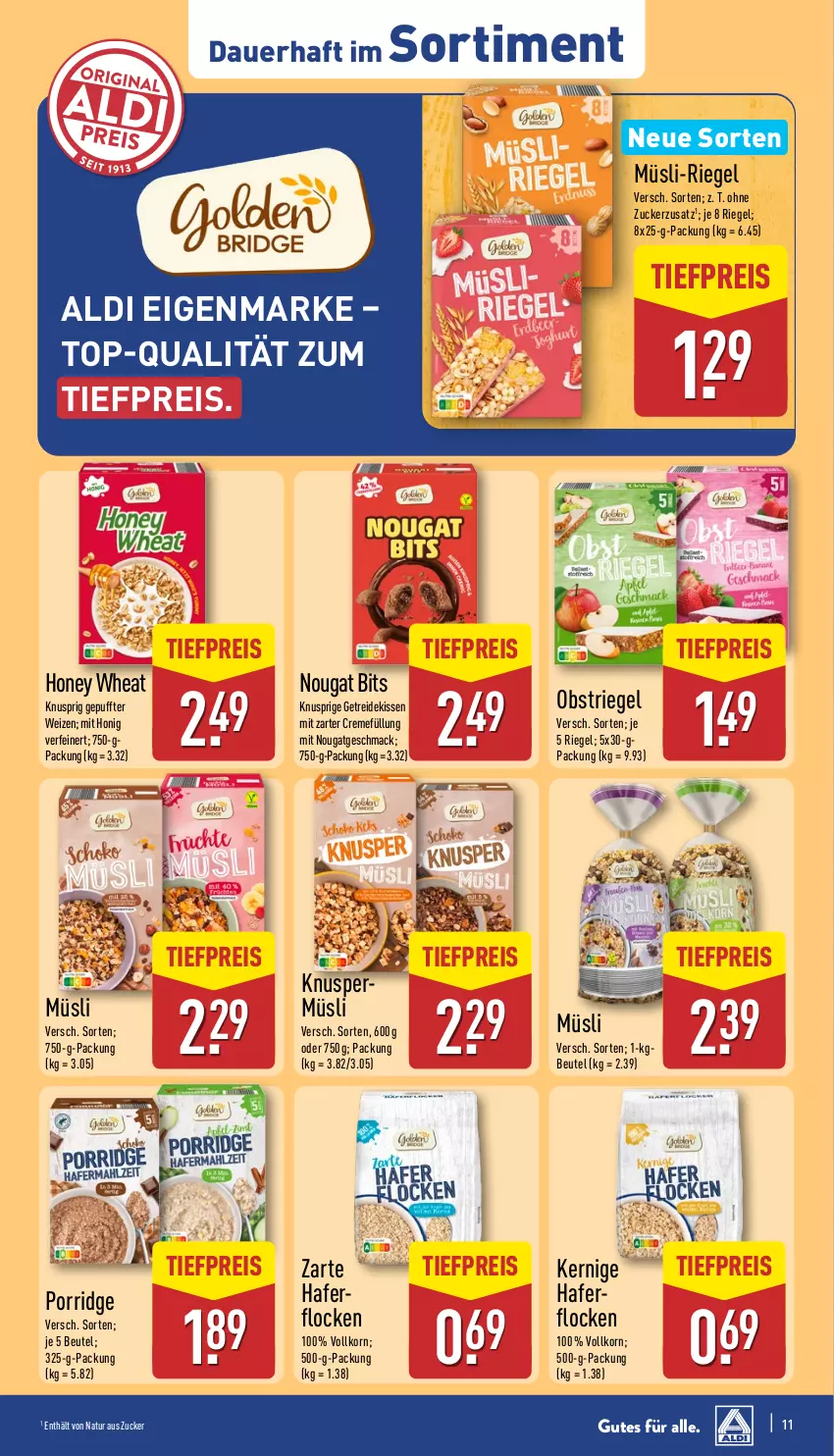 Aktueller Prospekt Aldi Nord - Von Montag - von 12.05 bis 17.05.2025 - strona 11 - produkty: aldi, auer, beutel, creme, eis, hafer, honig, kissen, korn, mac, müsli, natur, obst, porridge, reis, riegel, Ti, tiefpreis, zucker