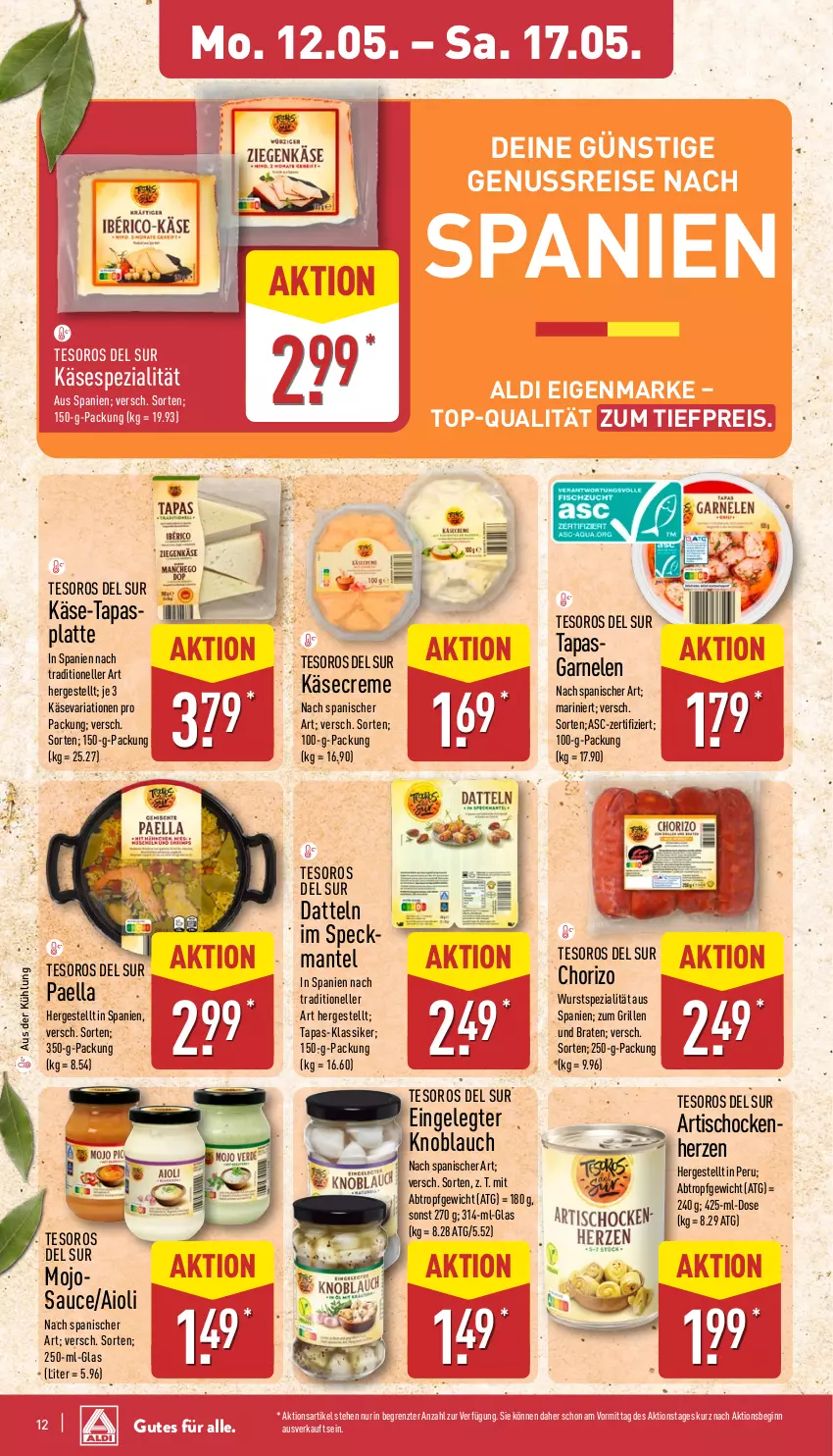 Aktueller Prospekt Aldi Nord - Von Montag - von 12.05 bis 17.05.2025 - strona 12 - produkty: aioli, aldi, Artischocken, braten, chorizo, creme, Datteln, eis, elle, garnelen, gin, grill, Käse, knoblauch, latte, Mantel, nuss, paella, reis, Ria, sauce, Speck, Spezi, Tapas, Ti, tiefpreis, tisch, wurst, ZTE