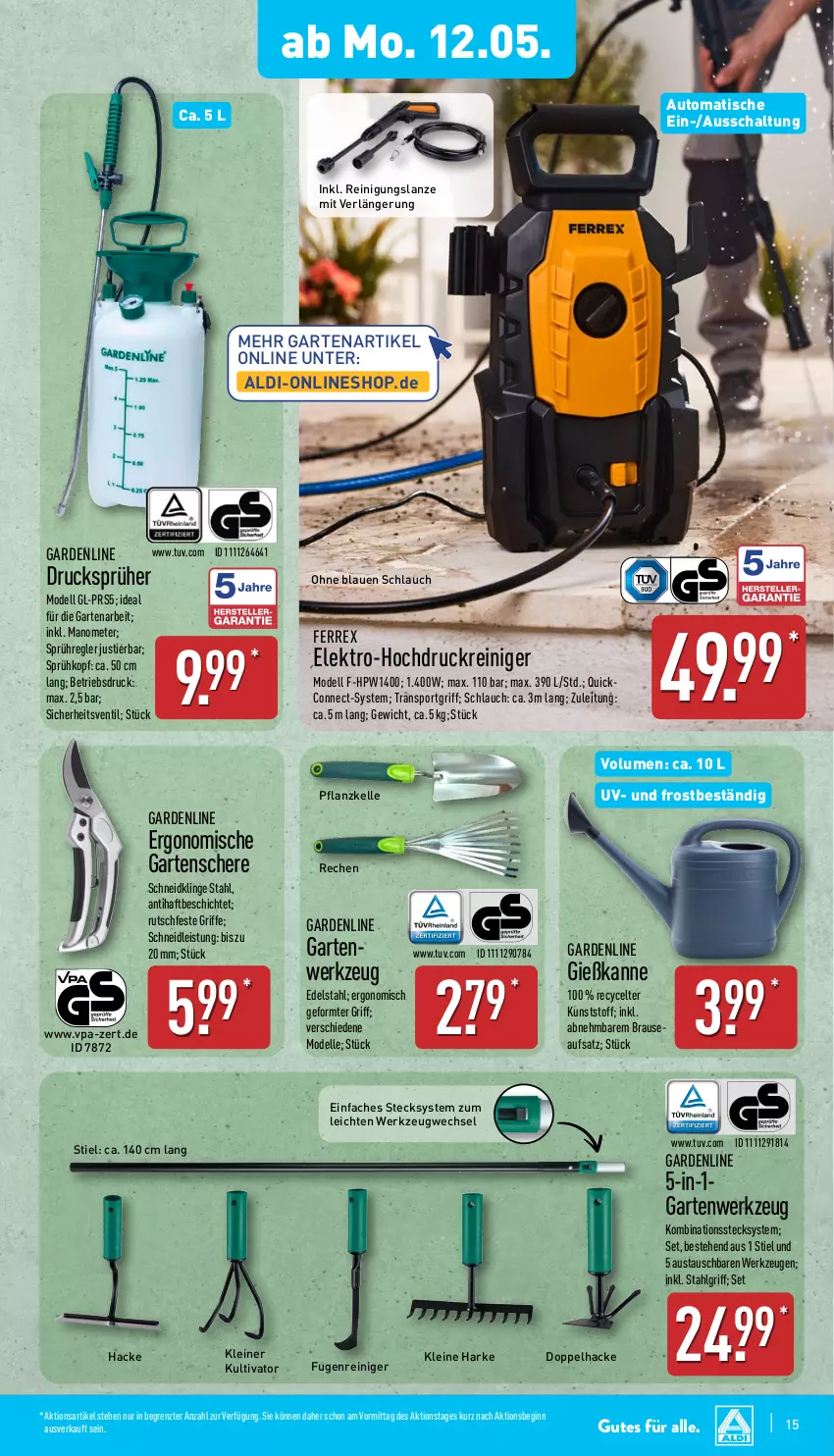 Aktueller Prospekt Aldi Nord - Von Montag - von 12.05 bis 17.05.2025 - strona 15 - produkty: aldi, aust, auto, brause, dell, edelstahl, eis, Elektro, elle, ferrex, Garten, Gartenschere, Gießkanne, gin, hochdruckreiniger, HP, leine, LG, Mode, reiniger, Reinigung, Schal, Schere, schlauch, Sport, Stier, Ti, tisch, werkzeug, werkzeuge, ZTE