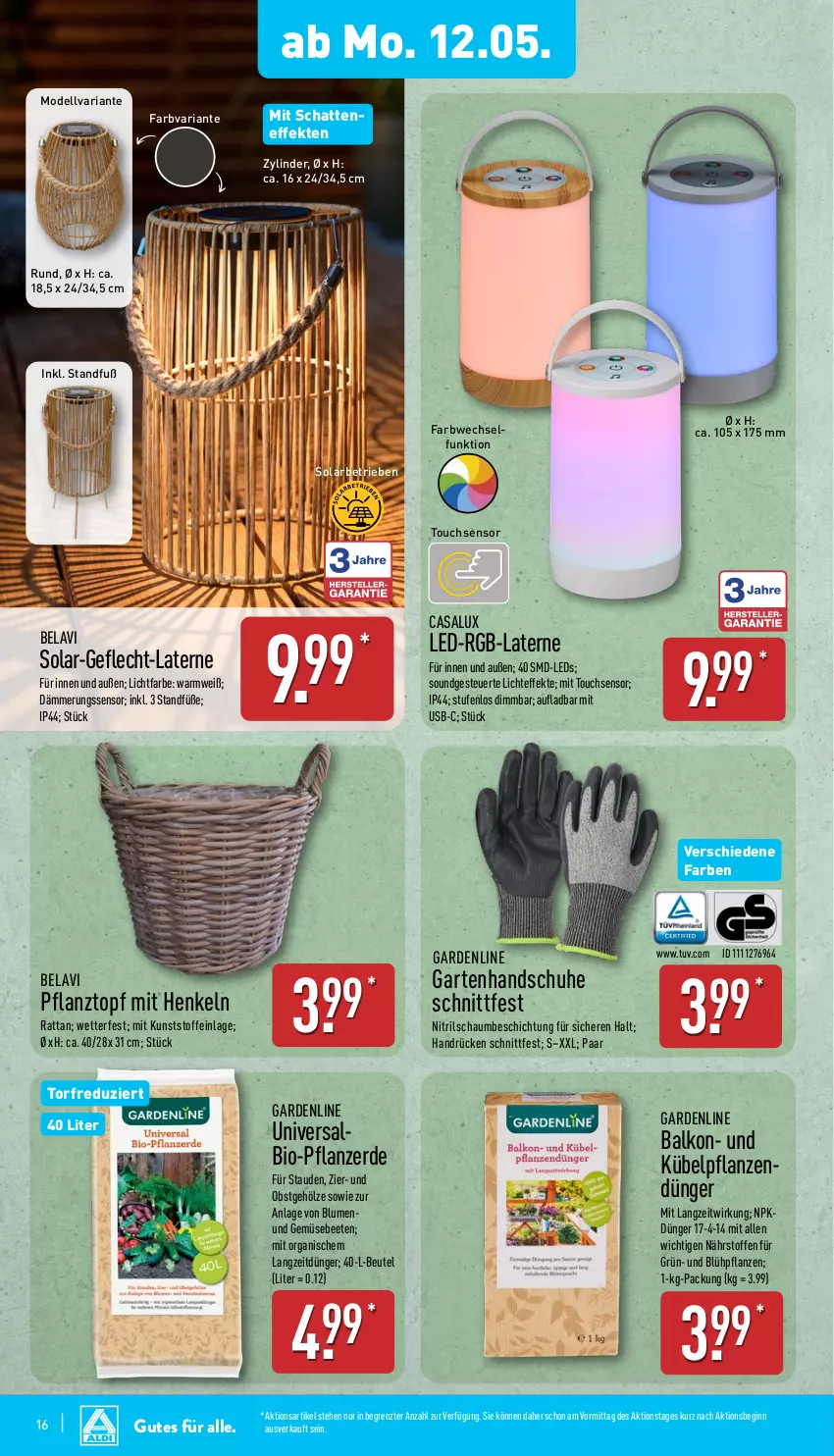 Aktueller Prospekt Aldi Nord - Von Montag - von 12.05 bis 17.05.2025 - strona 16 - produkty: beutel, bio, blume, blumen, dell, dünger, erde, Garten, gin, handschuhe, henkel, HP, kübelpflanzen, laterne, leds, Mode, obst, pflanze, pflanzen, pflanzerde, Pflanztopf, Ria, schuhe, stauden, Ti, topf, und gemüse, usb, ZTE