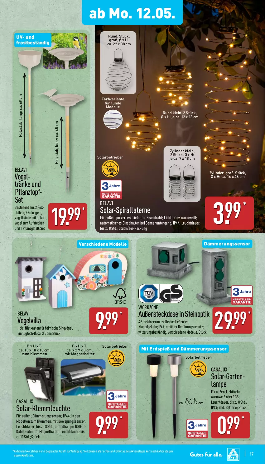 Aktueller Prospekt Aldi Nord - Von Montag - von 12.05 bis 17.05.2025 - strona 17 - produkty: auer, auto, batterie, Bewegungssensor, decke, Deckel, dell, Draht, eis, elle, Garten, gin, Holz, Lampe, laterne, Leuchte, Mode, Pflanztopf, Ria, Schal, steckdose, Ti, tisch, topf, Topfset, usb, ZTE