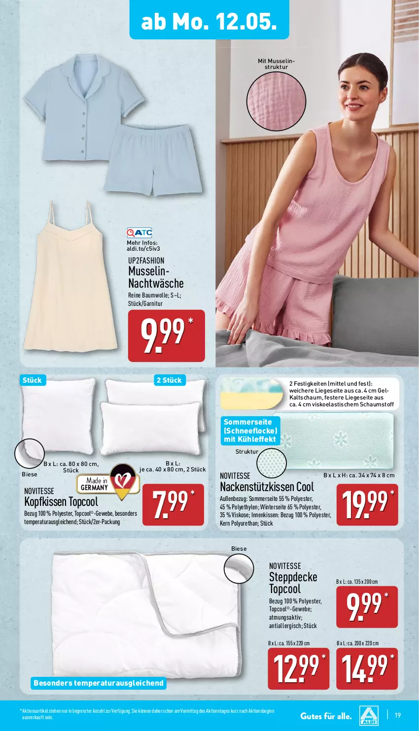 Aktueller Prospekt Aldi Nord - Von Montag - von 12.05 bis 17.05.2025 - strona 19 - produkty: aldi, asti, Bau, baumwolle, decke, garnitur, Germ, gin, kissen, kopfkissen, Liege, nackenstützkissen, reine baumwolle, Steppdecke, Ti, tisch, up2fashion, wolle, ZTE