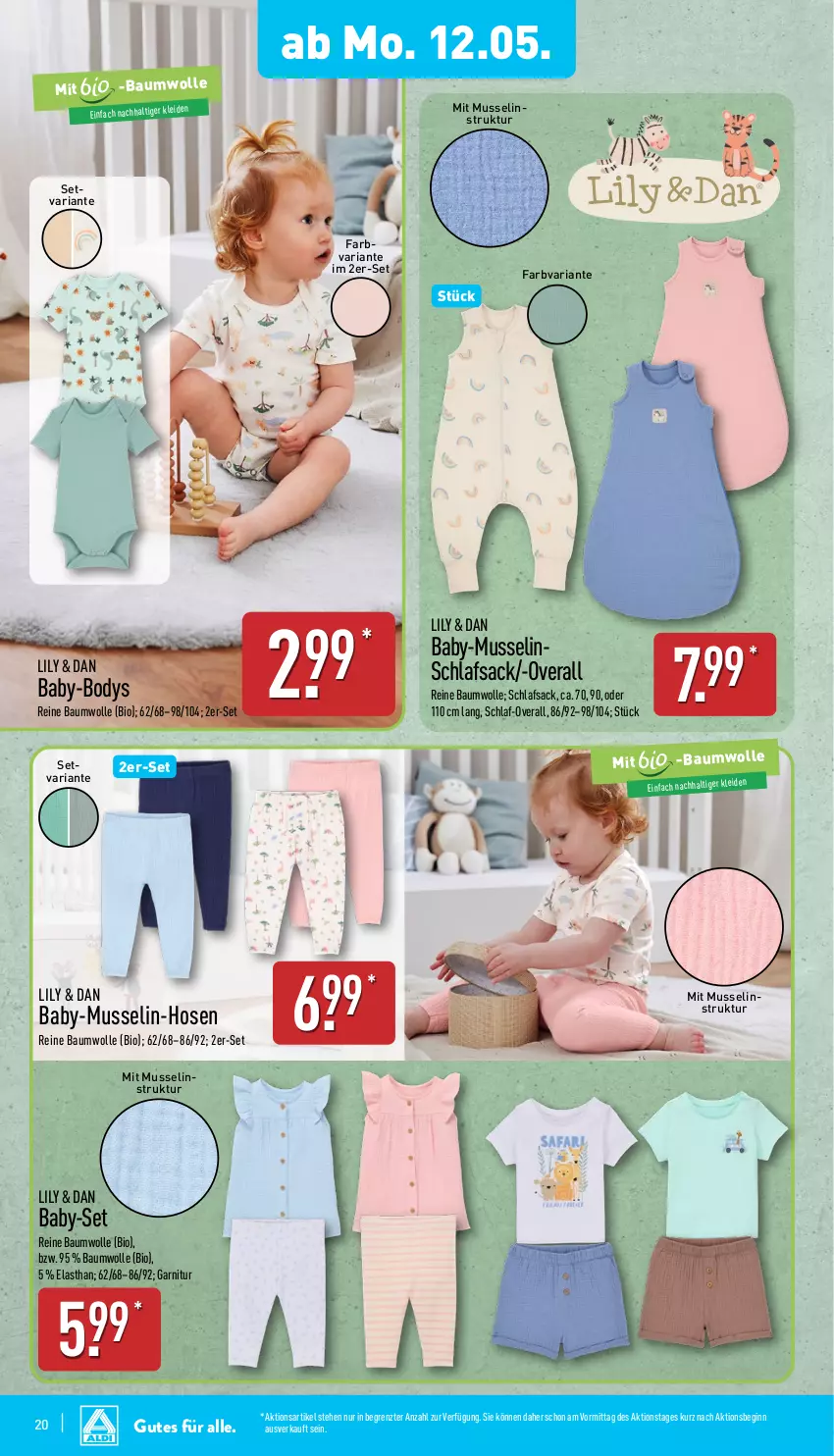 Aktueller Prospekt Aldi Nord - Von Montag - von 12.05 bis 17.05.2025 - strona 20 - produkty: Bau, baumwolle, bio, body, garnitur, gin, hose, hosen, Overall, reine baumwolle, Ria, sac, schlafsack, Ti, wolle, ZTE