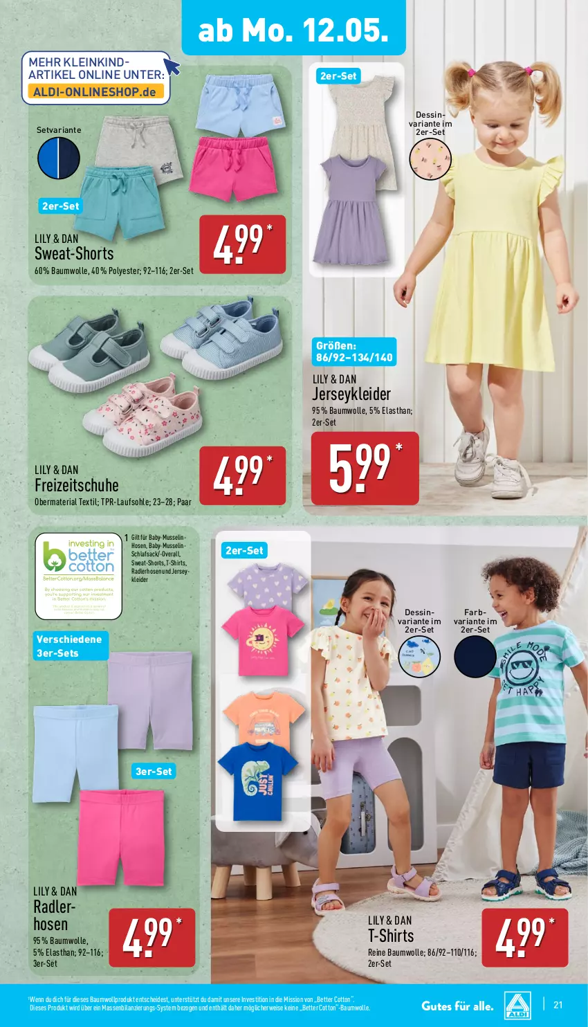Aktueller Prospekt Aldi Nord - Von Montag - von 12.05 bis 17.05.2025 - strona 21 - produkty: aldi, Bau, baumwolle, bett, eis, Freizeitschuhe, hose, hosen, kleid, kleider, Overall, radler, reine baumwolle, Ria, rwe, sac, schuhe, shirt, shirts, shorts, T-Shirt, Ti, wolle