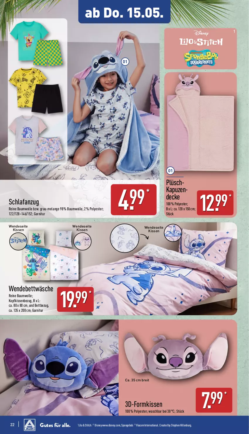 Aktueller Prospekt Aldi Nord - Von Montag - von 12.05 bis 17.05.2025 - strona 22 - produkty: Anzug, Bau, baumwolle, bett, bettwäsche, Brei, decke, disney, Elan, garnitur, kissen, Kissenbezug, kopfkissen, kopfkissenbezug, Plüsch, reine baumwolle, Schlafanzug, Ti, wendebettwäsche, wolle