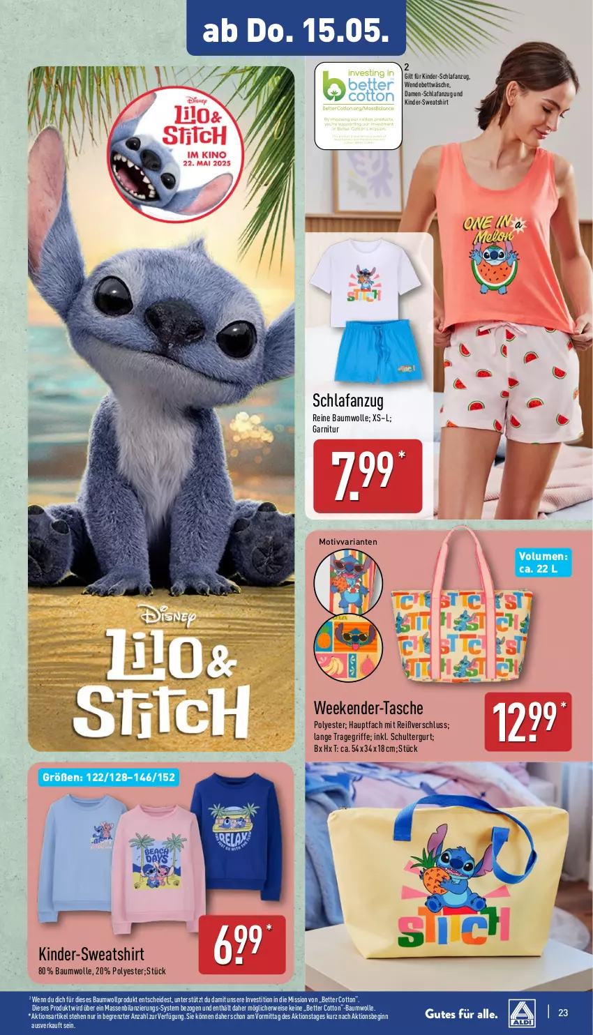 Aktueller Prospekt Aldi Nord - Von Montag - von 12.05 bis 17.05.2025 - strona 23 - produkty: Anzug, Bau, baumwolle, bett, bettwäsche, eis, garnitur, gin, Kinder, reine baumwolle, Ria, rwe, Schlafanzug, schultergurt, shirt, Sweatshirt, Tasche, Ti, tragegriff, wendebettwäsche, wolle, ZTE