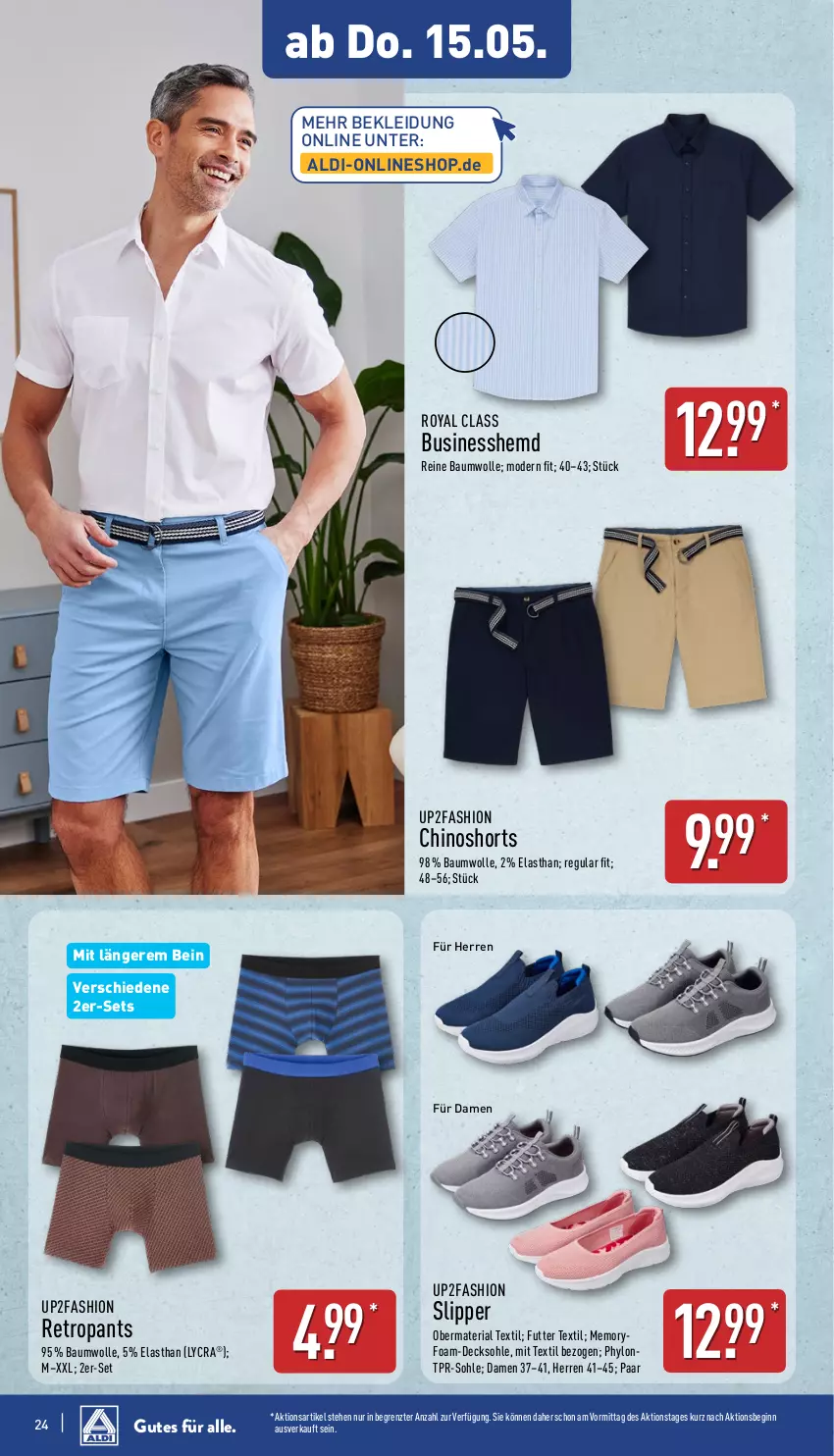Aktueller Prospekt Aldi Nord - Von Montag - von 12.05 bis 17.05.2025 - strona 24 - produkty: aldi, Bau, baumwolle, decksohle, gin, hemd, Hylo, kleid, Kleidung, Mode, Pants, reine baumwolle, Retropants, Ria, shorts, slip, Slipper, Ti, up2fashion, wolle, ZTE