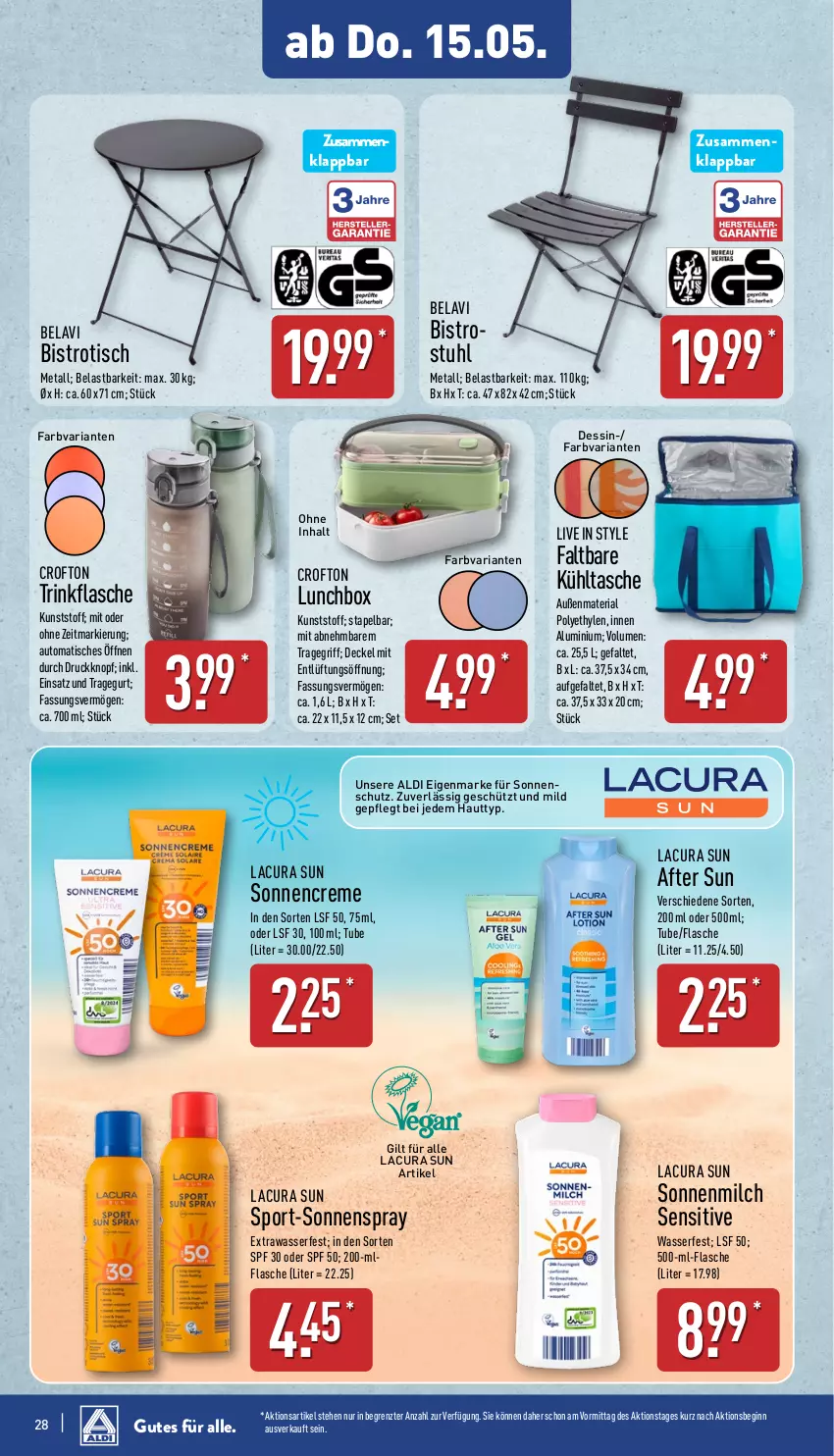 Aktueller Prospekt Aldi Nord - Von Montag - von 12.05 bis 17.05.2025 - strona 28 - produkty: after sun, aldi, auto, Bistrotisch, creme, Crofton, decke, Deckel, flasche, gin, kühltasche, lunchbox, milch, Ria, sonnencreme, sonnenmilch, sonnenschutz, sonnenspray, Sport, stuhl, Tasche, Ti, tisch, tragegriff, wasser, ZTE