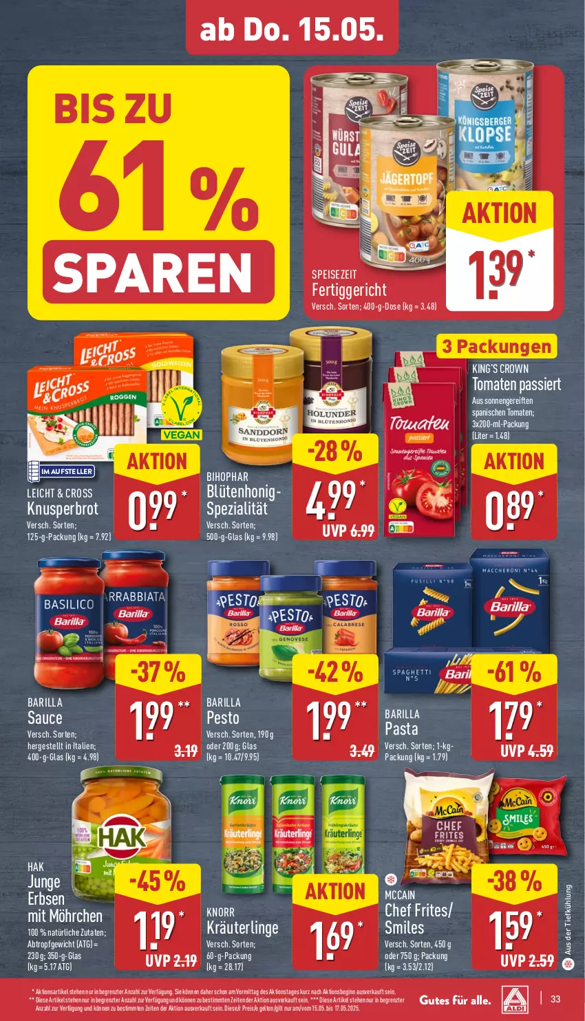 Aktueller Prospekt Aldi Nord - Von Montag - von 12.05 bis 17.05.2025 - strona 33 - produkty: aus der tiefkühlung, barilla, bihophar, Blüte, blütenhonig, brot, eis, elle, erbsen, fertiggericht, gin, honig, junge erbsen, knorr, kräuter, mccain, pasta, pesto, reis, sauce, Spezi, teller, Ti, tomate, tomaten, ZTE