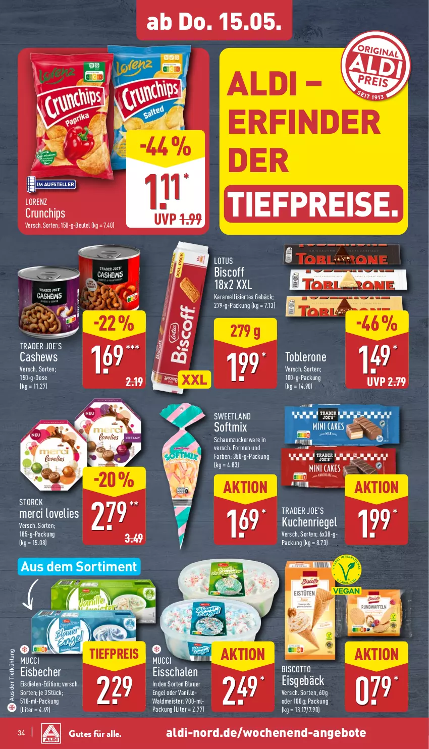 Aktueller Prospekt Aldi Nord - Von Montag - von 12.05 bis 17.05.2025 - strona 34 - produkty: aldi, angebot, angebote, auer, aus der tiefkühlung, Becher, beutel, biscoff, biscotto, Cashew, chips, crunchips, eis, eisbecher, elle, Engel, karamell, kuchen, lorenz, lorenz crunchips, Meister, merci, reis, riegel, Schal, Schale, Schaumzucker, storck, Sweetland, teller, Ti, tiefpreis, toblerone, vanille, waldmeister, zucker