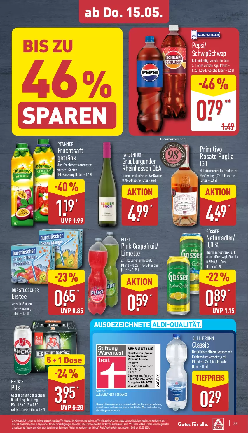 Aktueller Prospekt Aldi Nord - Von Montag - von 12.05 bis 17.05.2025 - strona 35 - produkty: aldi, alkohol, Alwa, amaro, aqua, bier, burgunder, durstlöscher, eis, eistee, elle, erde, flasche, frucht, fruchtsaft, getränk, getränke, gin, gösser, grapefruit, limette, Mett, mineralwasser, natur, natürliches mineralwasser, pepsi, pfanne, Pfanner, pils, primitivo, Quellbrunn, radler, reis, rosato, roséwein, saft, tee, teller, Ti, tiefpreis, vita, wasser, wein, Weißwein, ZTE, zucker