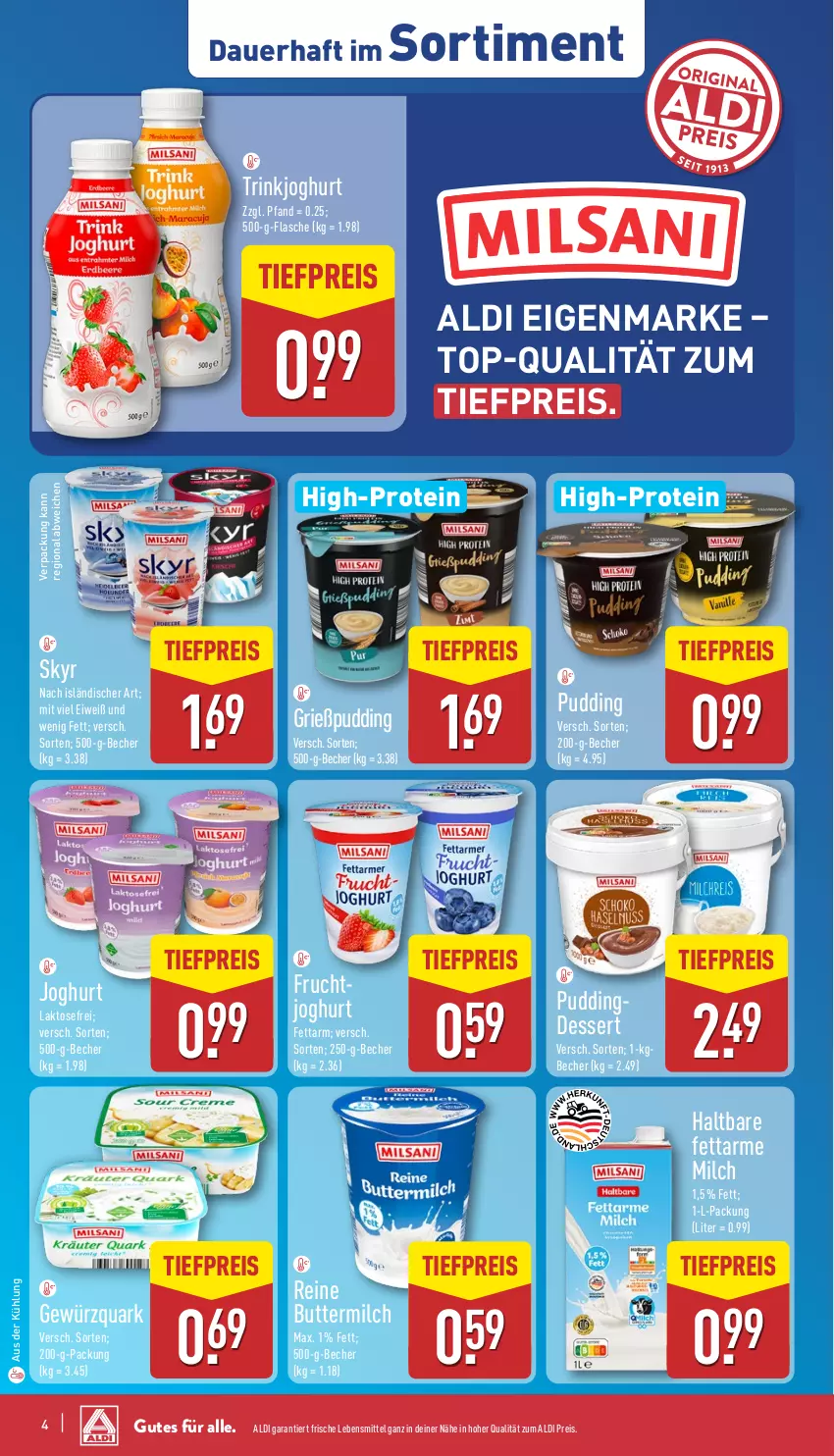 Aktueller Prospekt Aldi Nord - Von Montag - von 12.05 bis 17.05.2025 - strona 4 - produkty: aldi, auer, Becher, butter, buttermilch, dessert, eis, flasche, frucht, gewürz, gewürzquark, joghur, joghurt, lebensmittel, milch, pudding, quark, reis, Skyr, Ti, tiefpreis
