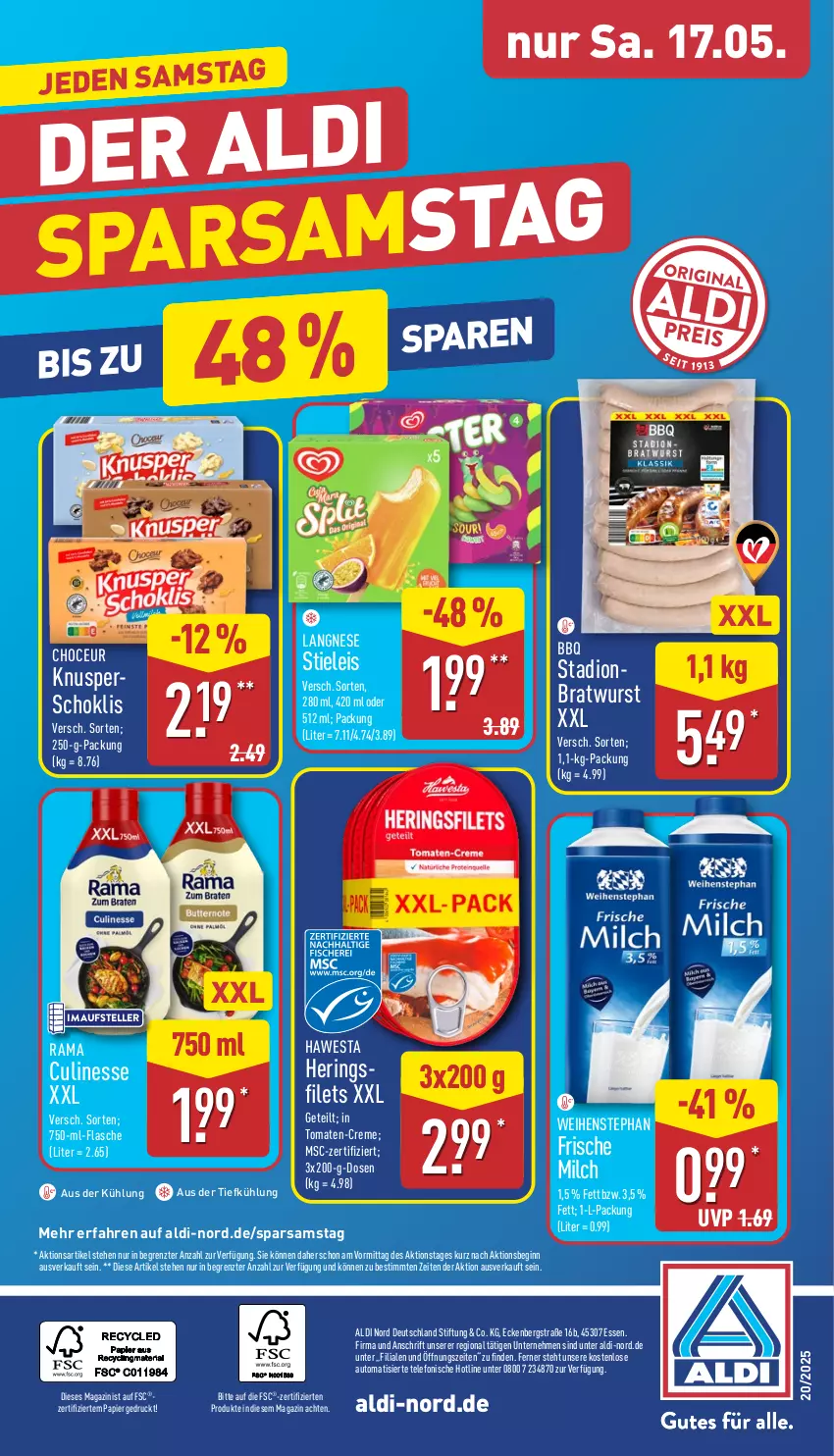 Aktueller Prospekt Aldi Nord - Von Montag - von 12.05 bis 17.05.2025 - strona 40 - produkty: aldi, aus der tiefkühlung, auto, bratwurst, creme, culinesse, eis, elle, filet, filets, flasche, frische milch, gin, hawesta, hering, Herings, langnese, magazin, milch, papier, rama, Rama Culinesse, ring, stieleis, telefon, teller, Ti, tomate, tomaten, weihenstephan, wurst, ZTE