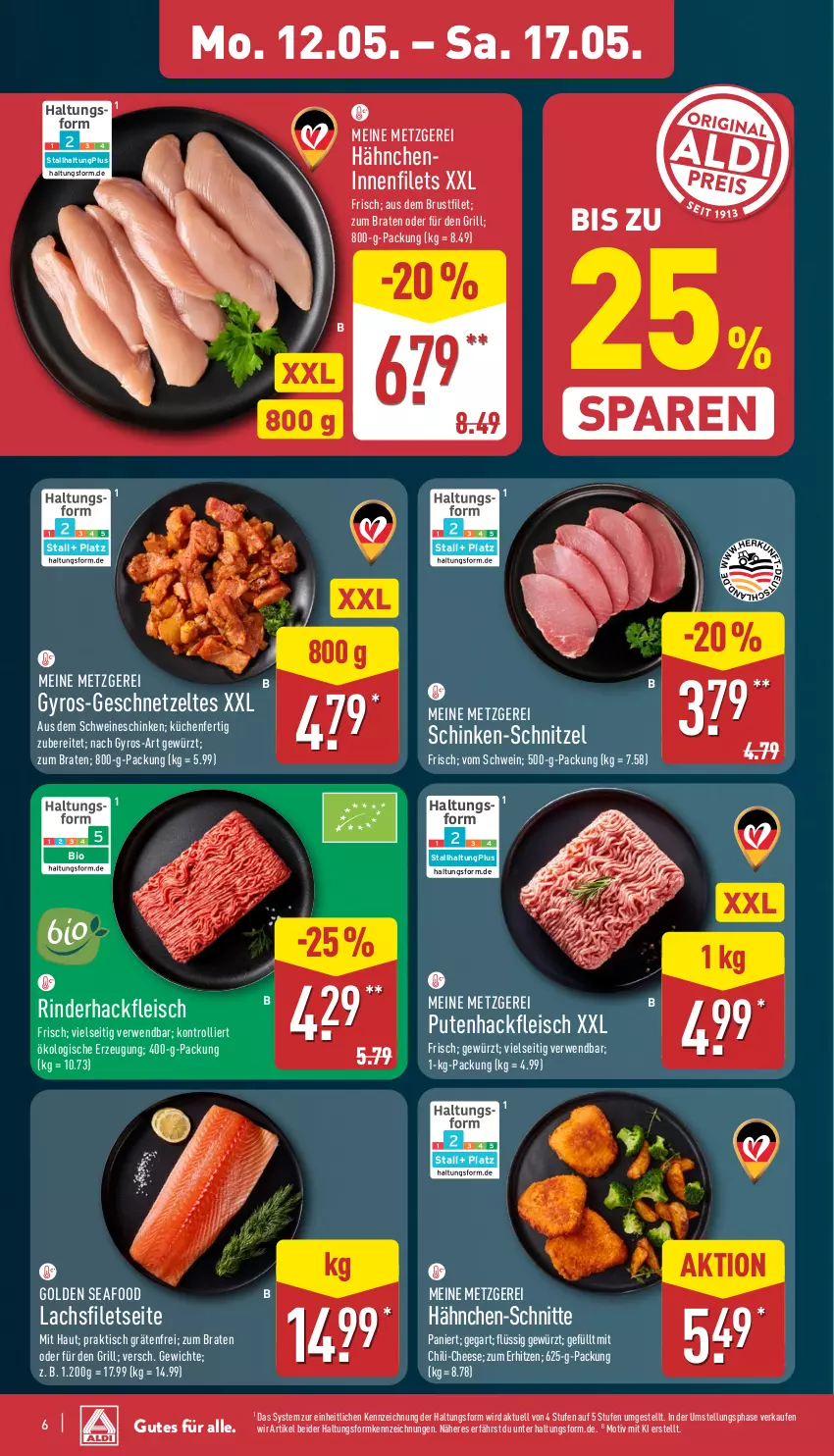 Aktueller Prospekt Aldi Nord - Von Montag - von 12.05 bis 17.05.2025 - strona 6 - produkty: bio, braten, brustfilet, chili, eis, filet, filets, fleisch, geschnetzeltes, gewürz, grill, gyros, hackfleisch, küche, Küchen, lachs, lachsfilet, lachsfilets, pute, Putenhackfleisch, rind, rinder, rinderhackfleisch, rwe, schinken, schnitzel, schwein, schweine, Ti, tisch, trolli, wein, weine, Zelt