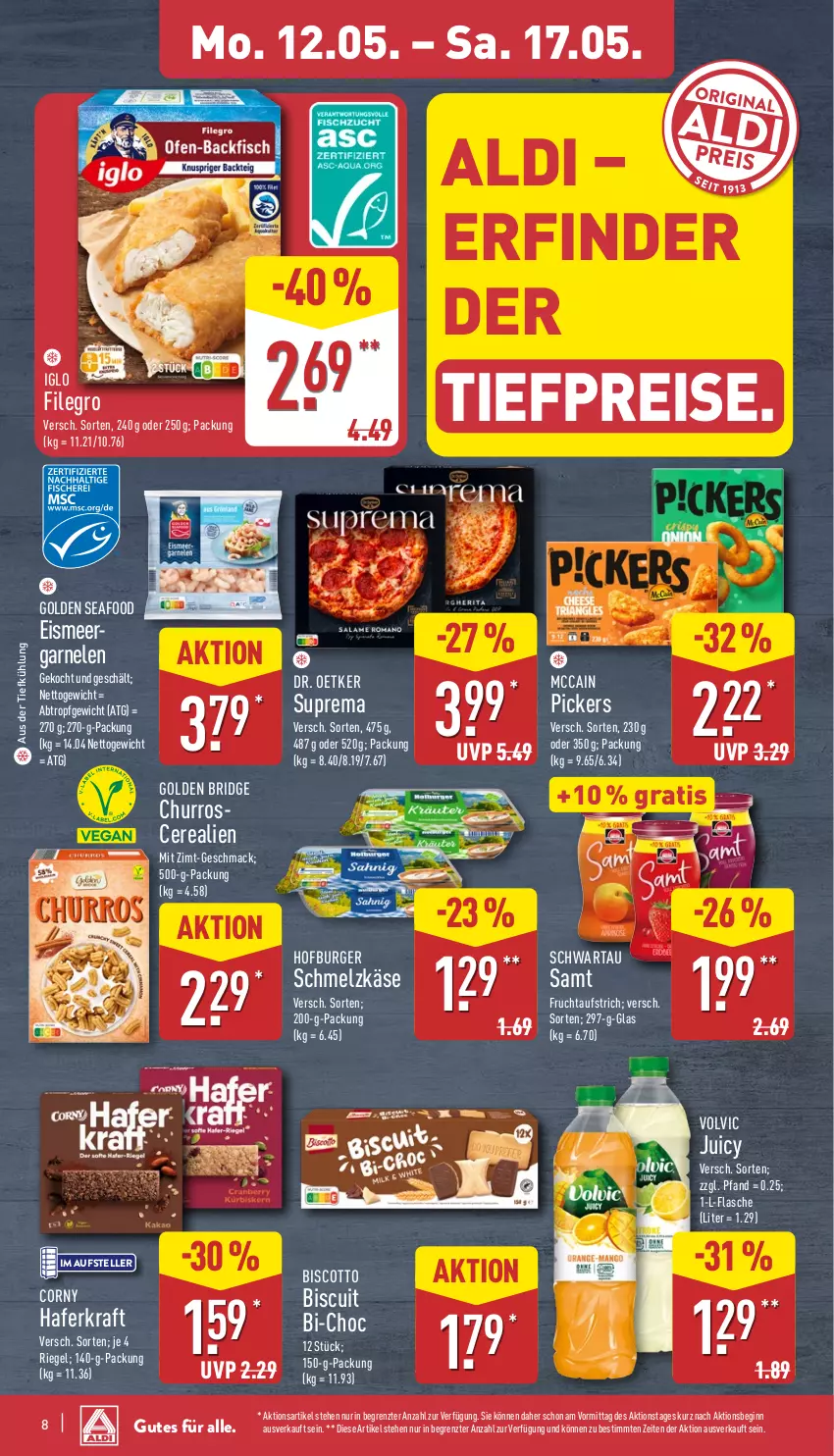 Aktueller Prospekt Aldi Nord - Von Montag - von 12.05 bis 17.05.2025 - strona 8 - produkty: aldi, aufstrich, aus der tiefkühlung, biscotto, burger, cerealien, corny, Dr. Oetker, eis, elle, filegro, flasche, frucht, fruchtaufstrich, garnelen, gin, hafer, iglo, Käse, kraft, mac, mccain, reis, riegel, Schwartau, teller, Ti, tiefpreis, volvic, ZTE