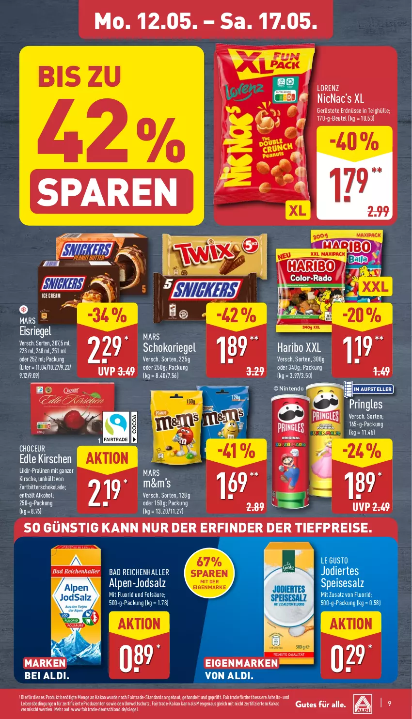 Aktueller Prospekt Aldi Nord - Von Montag - von 12.05 bis 17.05.2025 - strona 9 - produkty: aldi, alkohol, Bad, Bau, beutel, eis, Eisriegel, elle, ente, erde, erdnüsse, haribo, kakao, kirsch, kirsche, kirschen, likör, lorenz, mars, nintendo, pralinen, pringles, reis, riegel, ring, salz, schoko, schokolade, schokoriegel, teller, Ti, tiefpreis, Zartbitterschokolade