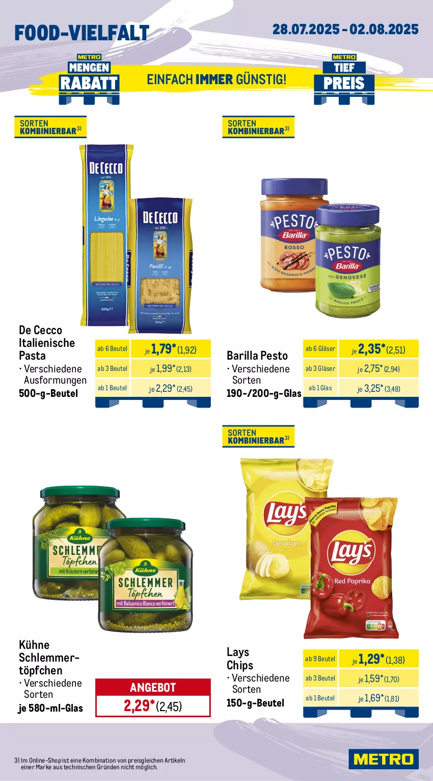 Aktueller Prospekt Metro - Wochen-Angebote - von 28.07 bis 02.08.2025 - strona 13 - produkty: angebot, barilla, beutel, chips, cornetto, De Cecco, ecco, eis, eiskonfekt, gin, Gläser, italienische pasta, Kühne, langnese, langnese eis, lays, magnum, nogger, pasta, pesto, reis, schlemmertöpfchen, Ti, Töpfchen