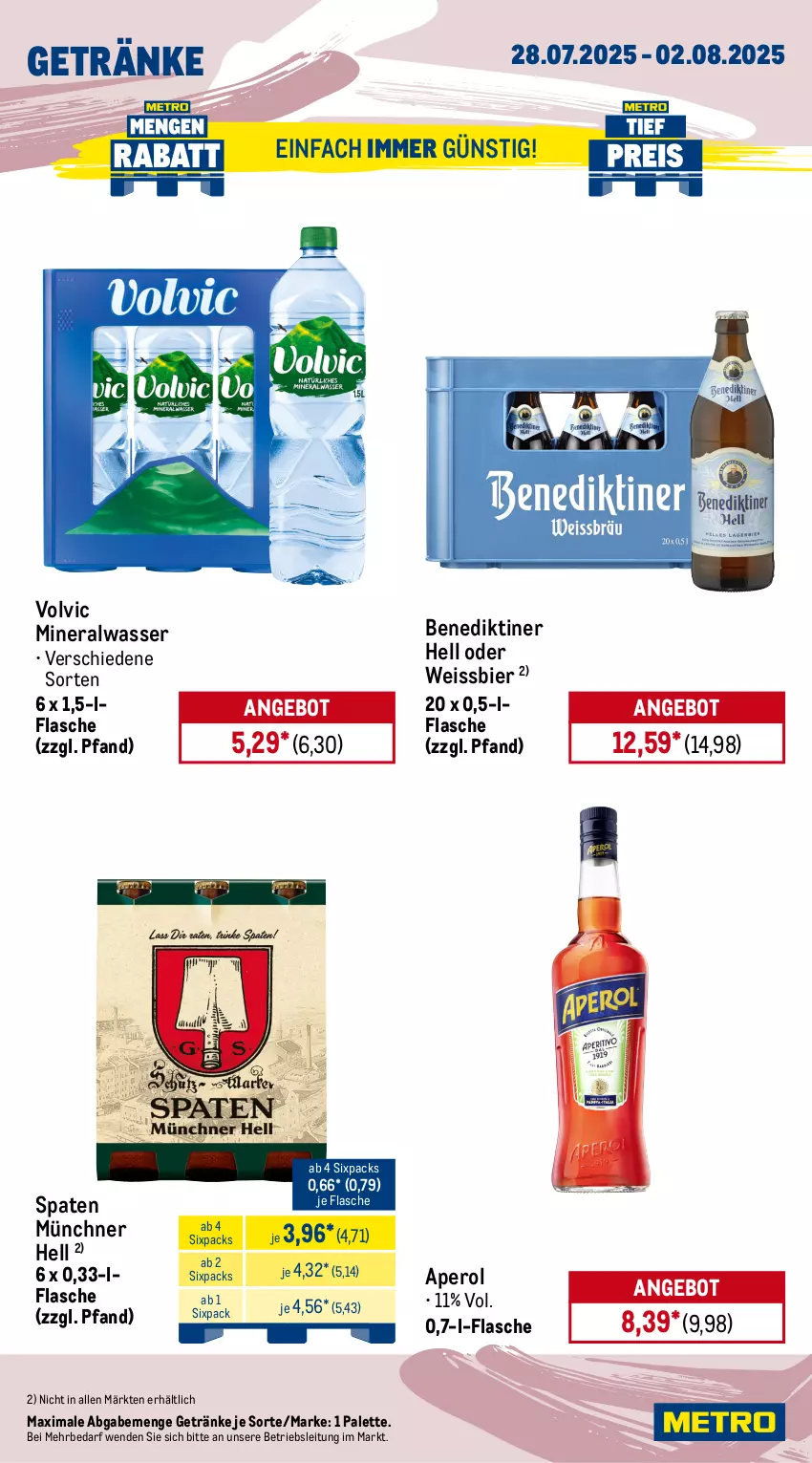 Aktueller Prospekt Metro - Wochen-Angebote - von 28.07 bis 02.08.2025 - strona 15 - produkty: Alwa, angebot, aperol, Benediktiner, bier, bohne, coca-cola, cola, dallmayr, eis, flasche, getränk, getränke, haribo, kaffee, Metro, mineralwasser, Palette, reis, röstkaffee, Spaten, Ti, volvic, wasser, weissbier
