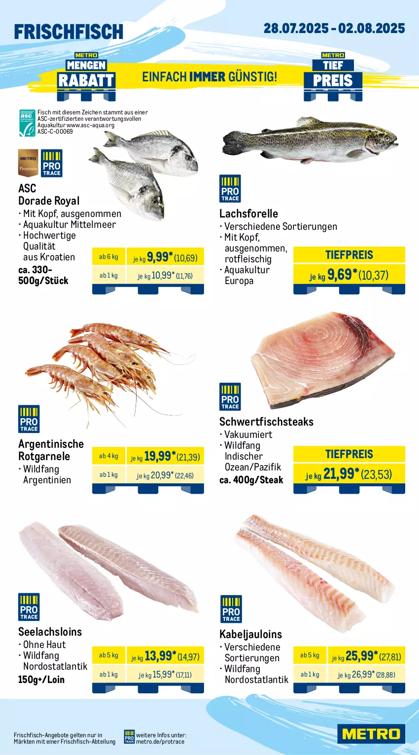 Aktueller Prospekt Metro - Wochen-Angebote - von 28.07 bis 02.08.2025 - strona 5 - produkty: Abtei, angebot, angebote, aqua, Dorade, dorade royal, eis, elle, entrecôte, filet, filets, fisch, fleisch, forelle, frischfisch, hüftsteak, hüftsteaks, lachs, Metro, reis, rel, rind, rinder, rinder-rumpsteak, rum, rumpsteak, steak, steaks, Ti, tiefpreis, Wild