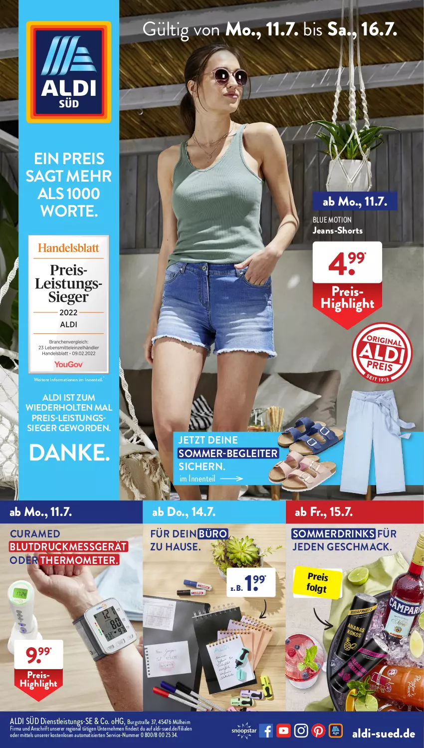 Aktueller Prospekt AldiSud - IN ZWEI WOCHEN - von 11.07 bis 16.07.2022 - strona 1 - produkty: aldi, auto, Blutdruckmessgerät, drink, drinks, eis, ente, jeans, LG, mac, reis, shorts, thermometer, Ti