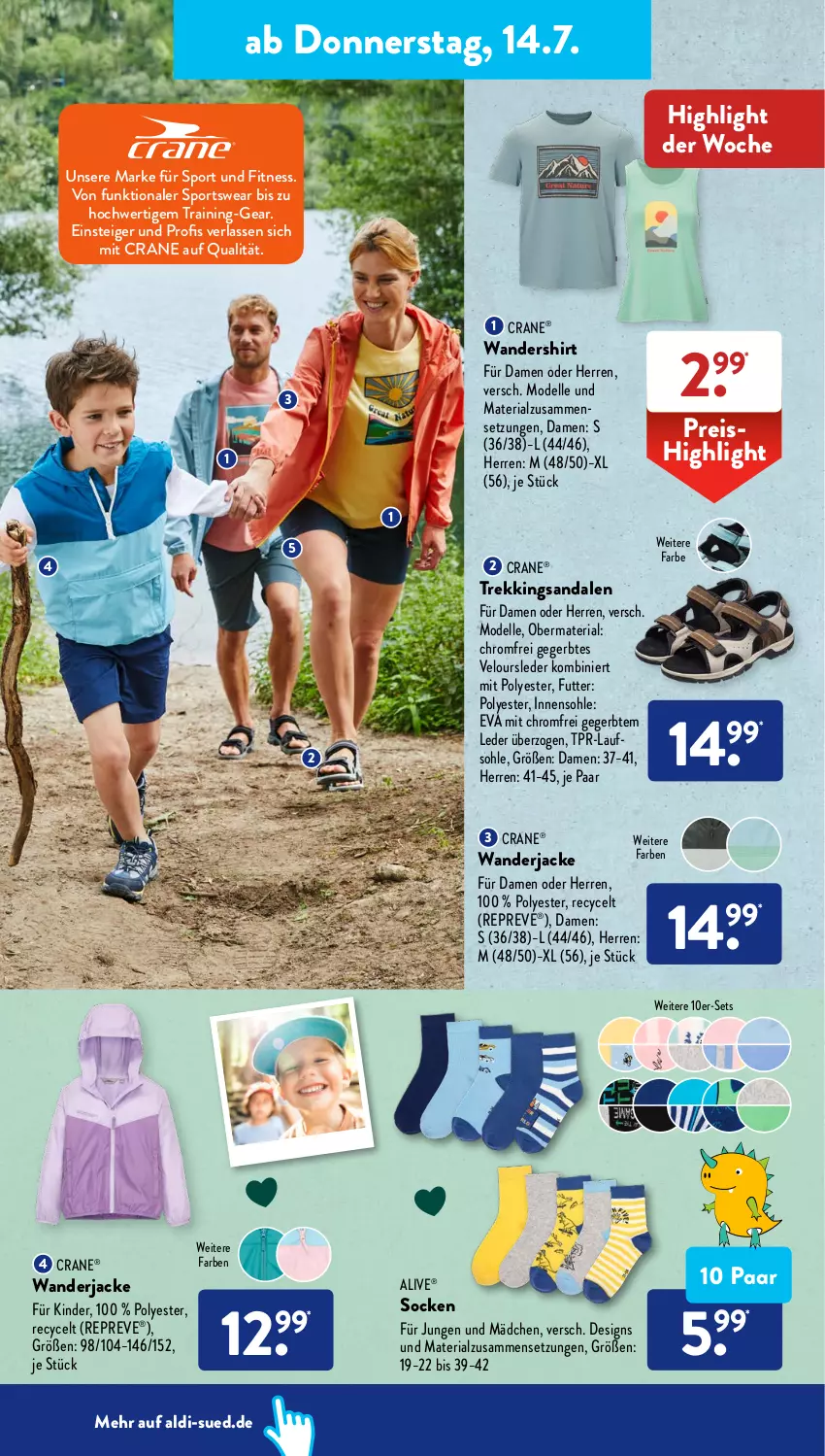 Aktueller Prospekt AldiSud - IN ZWEI WOCHEN - von 11.07 bis 16.07.2022 - strona 16 - produkty: aldi, dell, eis, elle, Jacke, Kinder, Mode, reis, Ria, sandale, sandalen, shirt, socken, Sport, Ti, Wanderjacke, Wandershirt