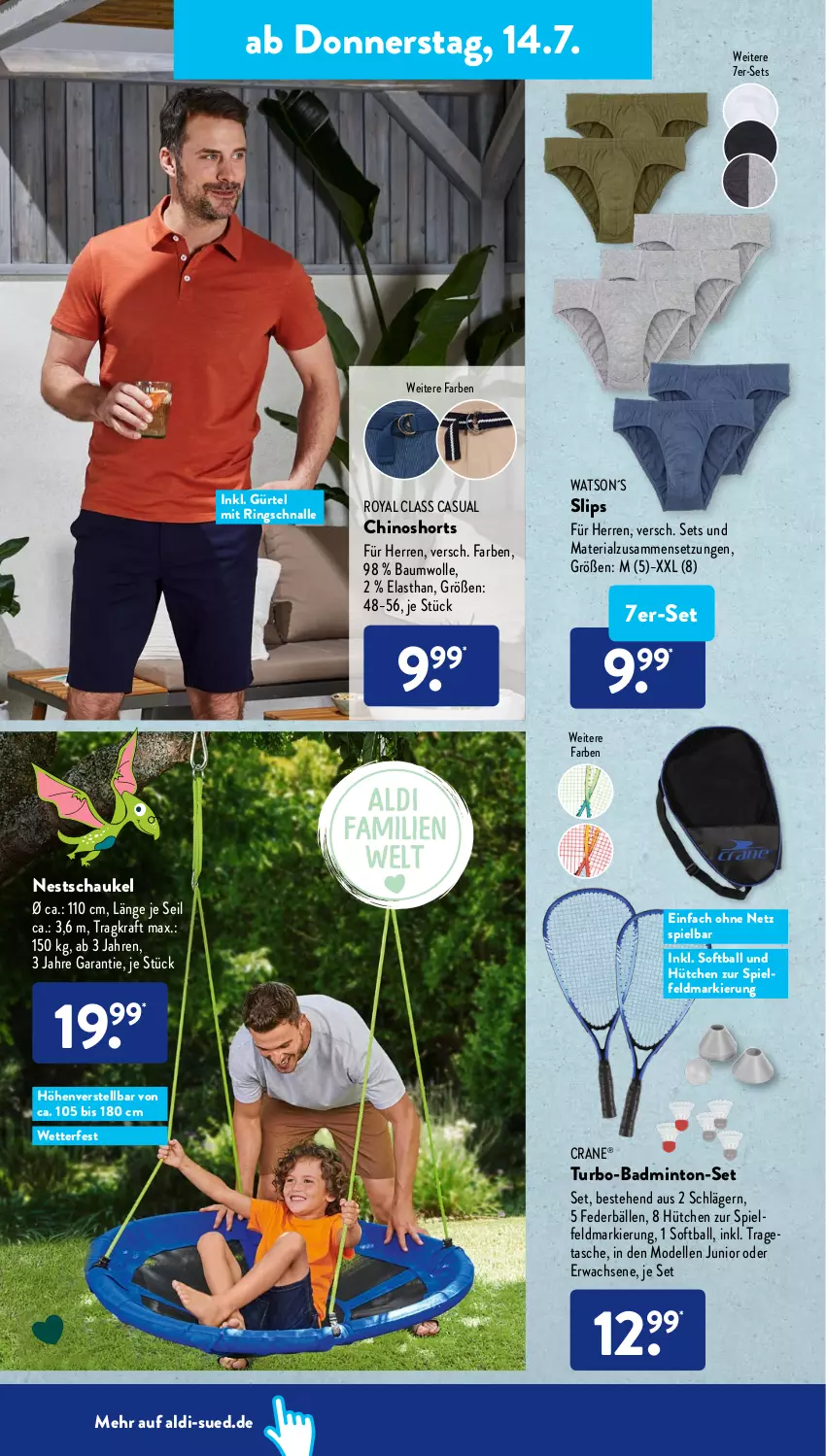 Aktueller Prospekt AldiSud - IN ZWEI WOCHEN - von 11.07 bis 16.07.2022 - strona 18 - produkty: aldi, Bad, ball, Bau, baumwolle, dell, elle, kraft, mint, Mode, Ria, ring, Schaukel, shorts, slip, slips, Sport, Tasche, Ti, tragetasche, wolle