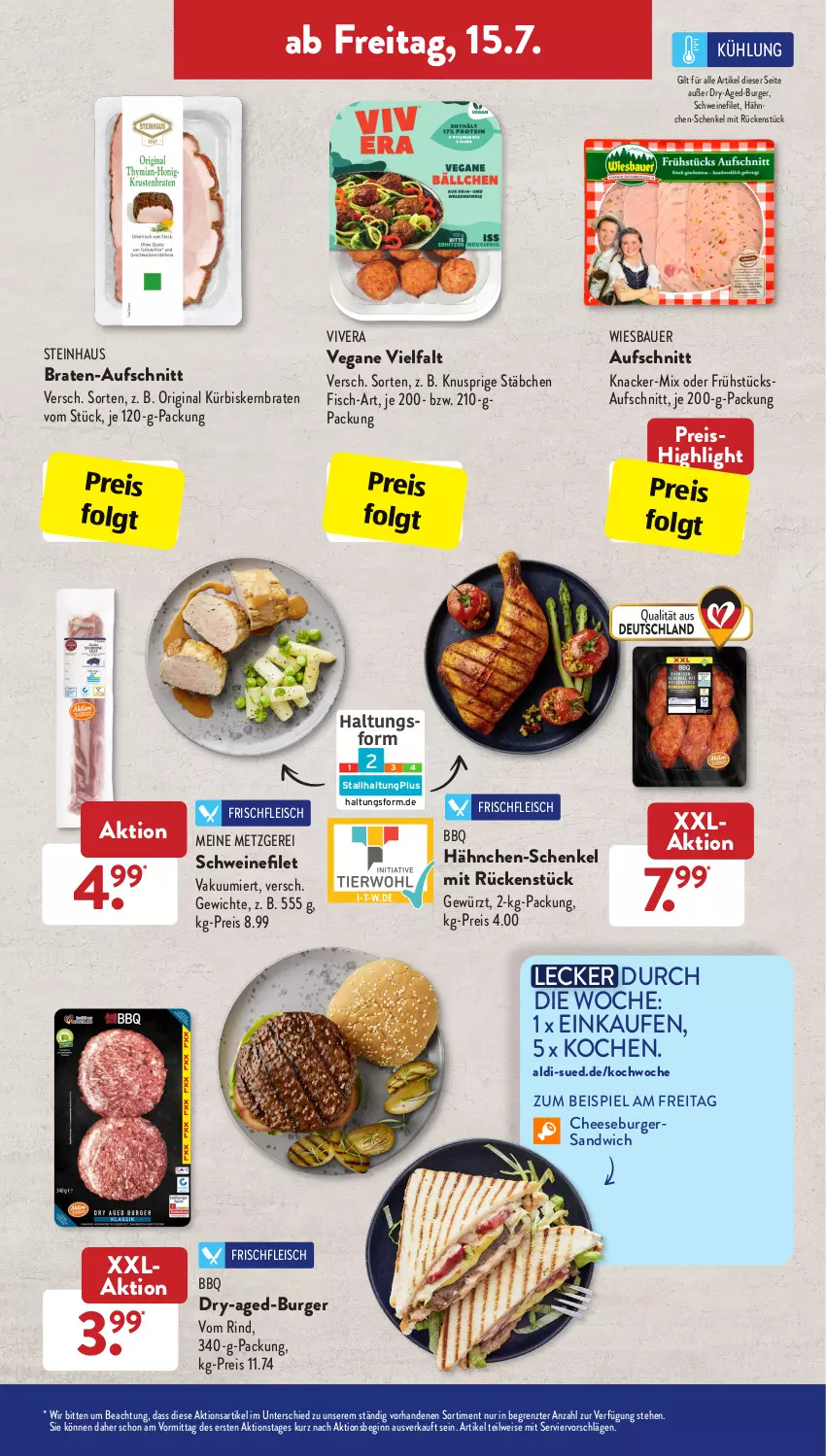 Aktueller Prospekt AldiSud - IN ZWEI WOCHEN - von 11.07 bis 16.07.2022 - strona 23 - produkty: aldi, auer, aufschnitt, Bau, Bauer, bier, braten, burger, eis, filet, fisch, fleisch, gewürz, gin, hähnchen-schenkel, henkel, knacker, Kürbis, LG, reis, rind, sandwich, schenkel, schwein, schweine, schweinefilet, steinhaus, Ti, wein, weine, wiesbauer, ZTE