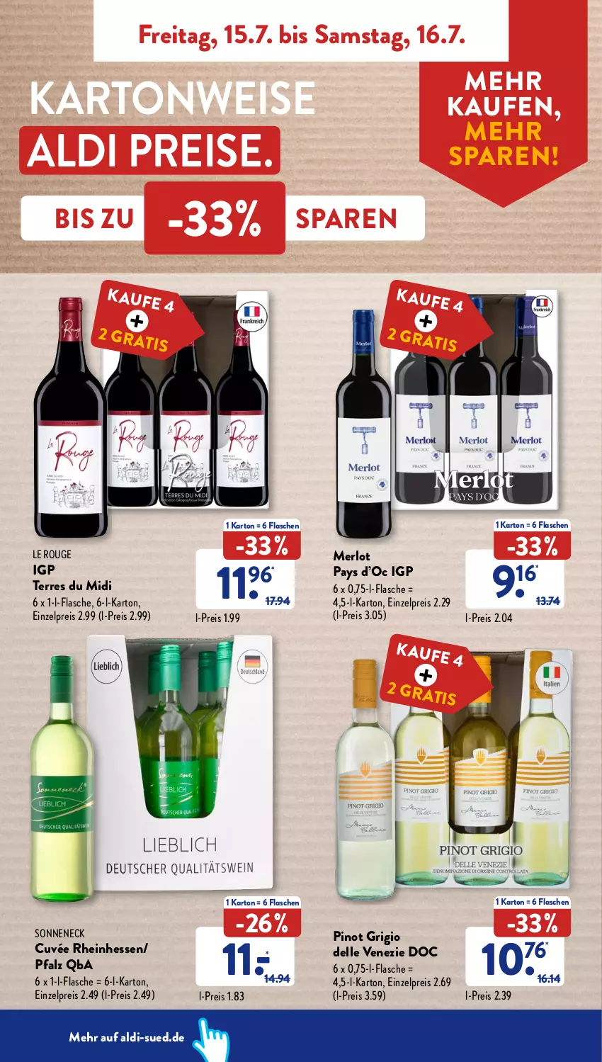 Aktueller Prospekt AldiSud - IN ZWEI WOCHEN - von 11.07 bis 16.07.2022 - strona 28 - produkty: aldi, cuvée, dell, eis, elle, flasche, merl, merlot, Pinot, pinot grigio, reis, rouge, Ti