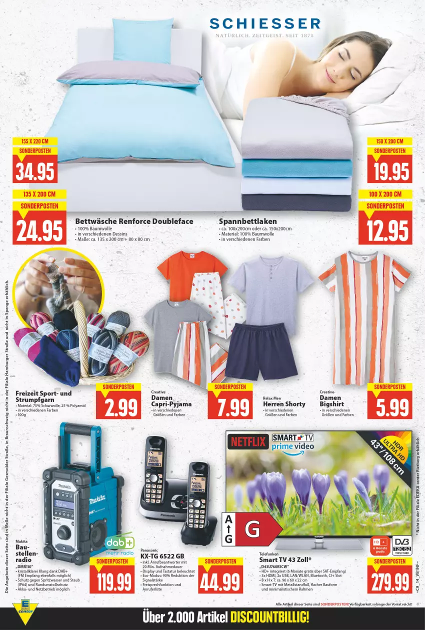 Aktueller Prospekt E Center - Angebote der Woche - von 28.02 bis 05.03.2022 - strona 14 - produkty: akku, angebot, angebote, auer, Bau, baumwolle, bett, bettwäsche, braun, burger, Cap, deo, eis, elle, hamburger, HDMI, Leuchte, Makita, natur, panasonic, Pyjama, Radio, reis, rel, Ria, rum, shirt, shorty, Signal, smart tv, sonderposten, spannbettlaken, Sport, Tastatur, telefunken, Ti, tisch, tuner, usb, wasser, wolle