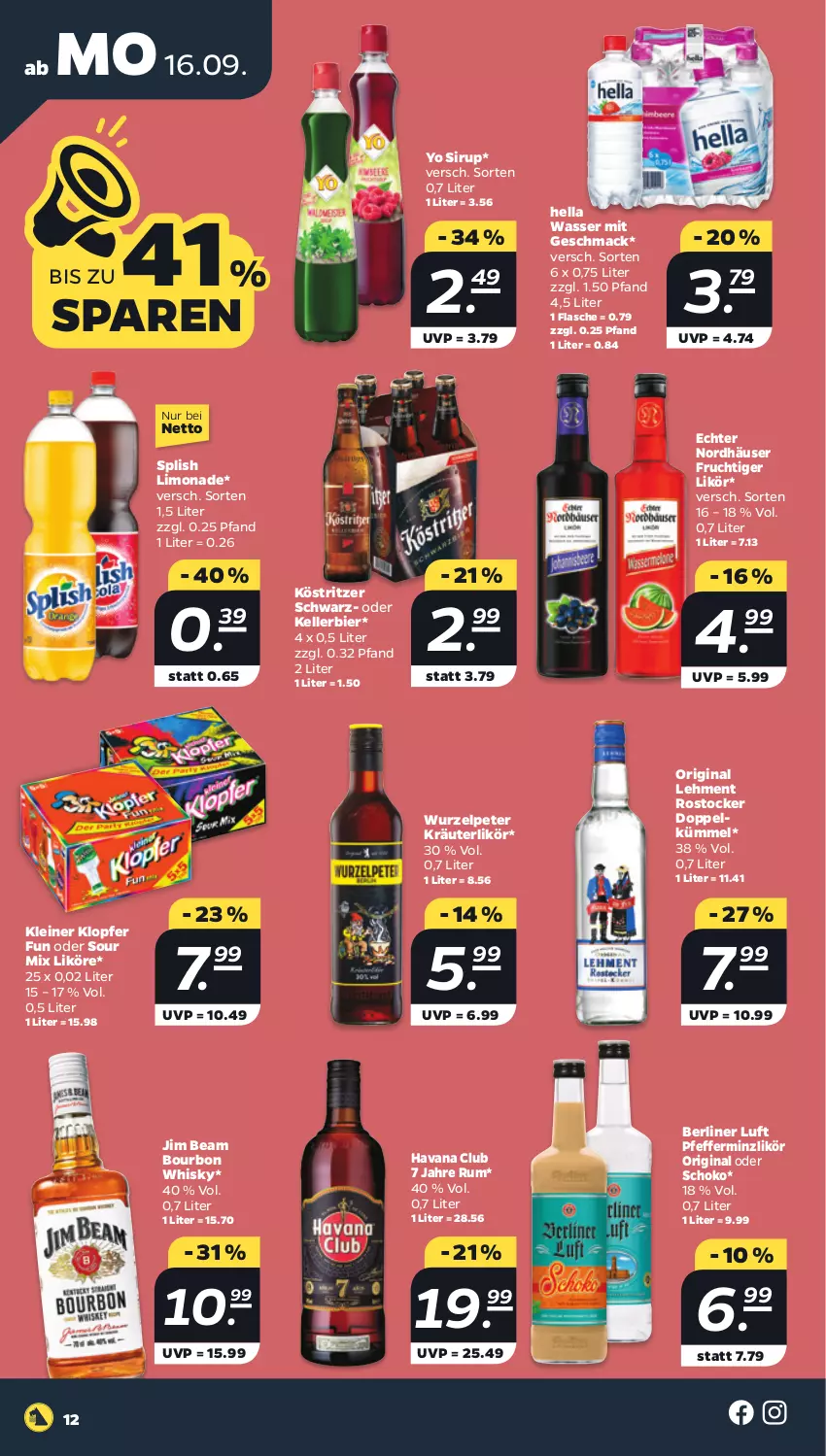 Aktueller Prospekt Netto - Woche 38 - von 16.09 bis 21.09.2024 - strona 12 - produkty: berliner, berliner luft, bier, bourbon, elle, flasche, frucht, gin, Havana Club, hella, jim beam, kellerbier, kleiner klopfer, köstritzer, kräuter, kräuterlikör, leine, likör, limo, limonade, mac, pfeffer, pfefferminzlikör, Rostocker, rum, schoko, sirup, Ti, wasser, whisky, Yo