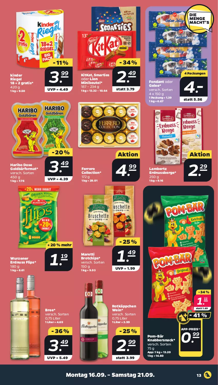 Aktueller Prospekt Netto - Woche 38 - von 16.09 bis 21.09.2024 - strona 13 - produkty: Amber, beutel, bree, brot, chips, eis, erdnuss, ferrero, gelee, haribo, Kinder, kinder riegel, kitkat, KnabberSnack, lambertz, lion, nuss, pom-bär, reis, riegel, rotkäppchen, smarties, snack, Ti, wein