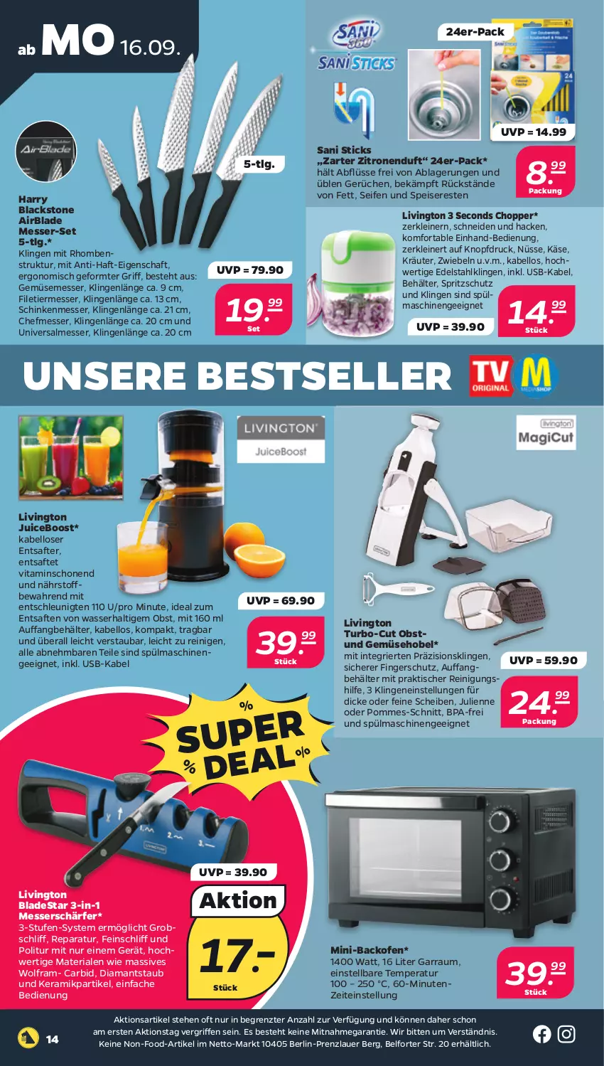 Aktueller Prospekt Netto - Woche 38 - von 16.09 bis 21.09.2024 - strona 14 - produkty: auer, backofen, Behälter, edelstahl, eis, elle, Entsafter, filet, garraum, Gemüsehobel, Käse, kräuter, lack, leine, LG, messer, obst, Ofen, pommes, Reinigung, Ria, saft, schinken, Seife, Spritzschutz, spülmaschinen, Ti, tisch, und gemüse, usb, vita, wasser, zitrone, zitronen, ZTE, zwiebel, zwiebeln