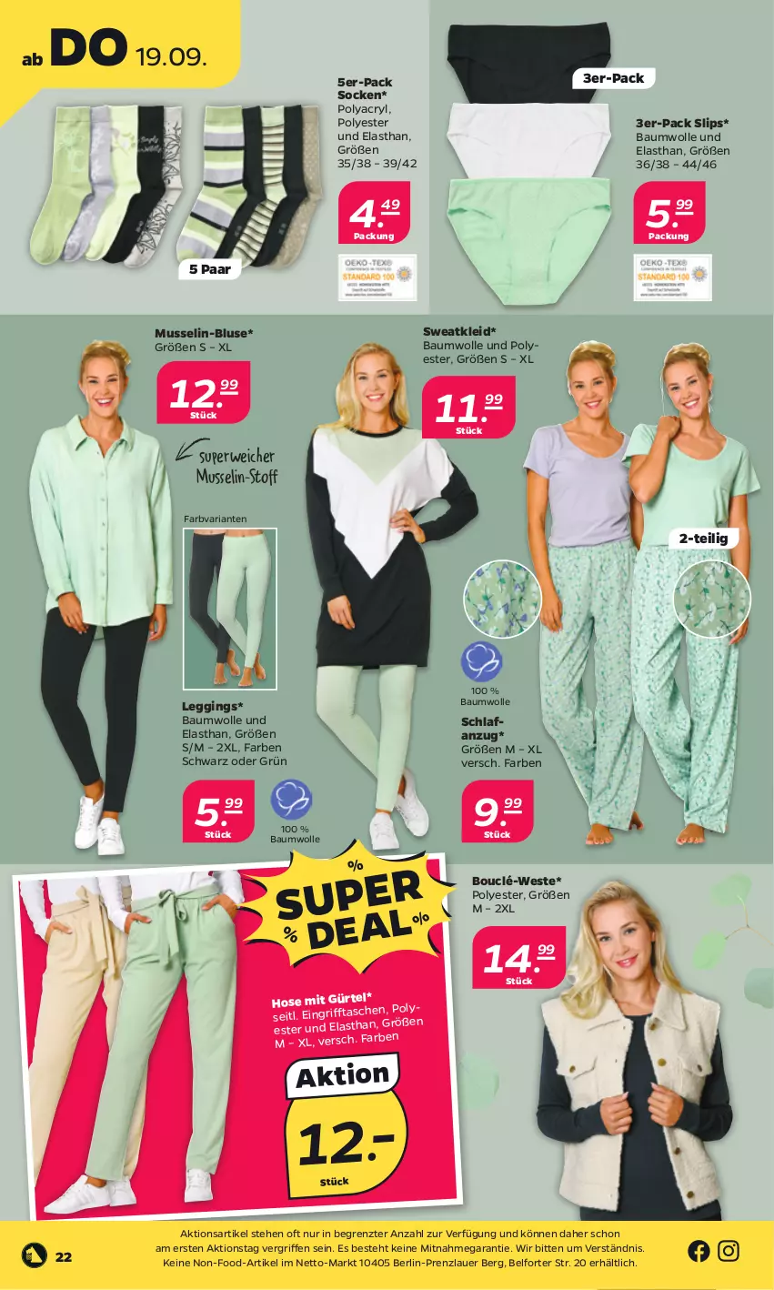 Aktueller Prospekt Netto - Woche 38 - von 16.09 bis 21.09.2024 - strona 26 - produkty: Anzug, auer, Bau, baumwolle, bluse, gin, hose, kleid, leggings, Ria, rwe, Schlafanzug, slip, slips, socken, Sweatkleid, Tasche, Ti, Weste, wolle, ZTE