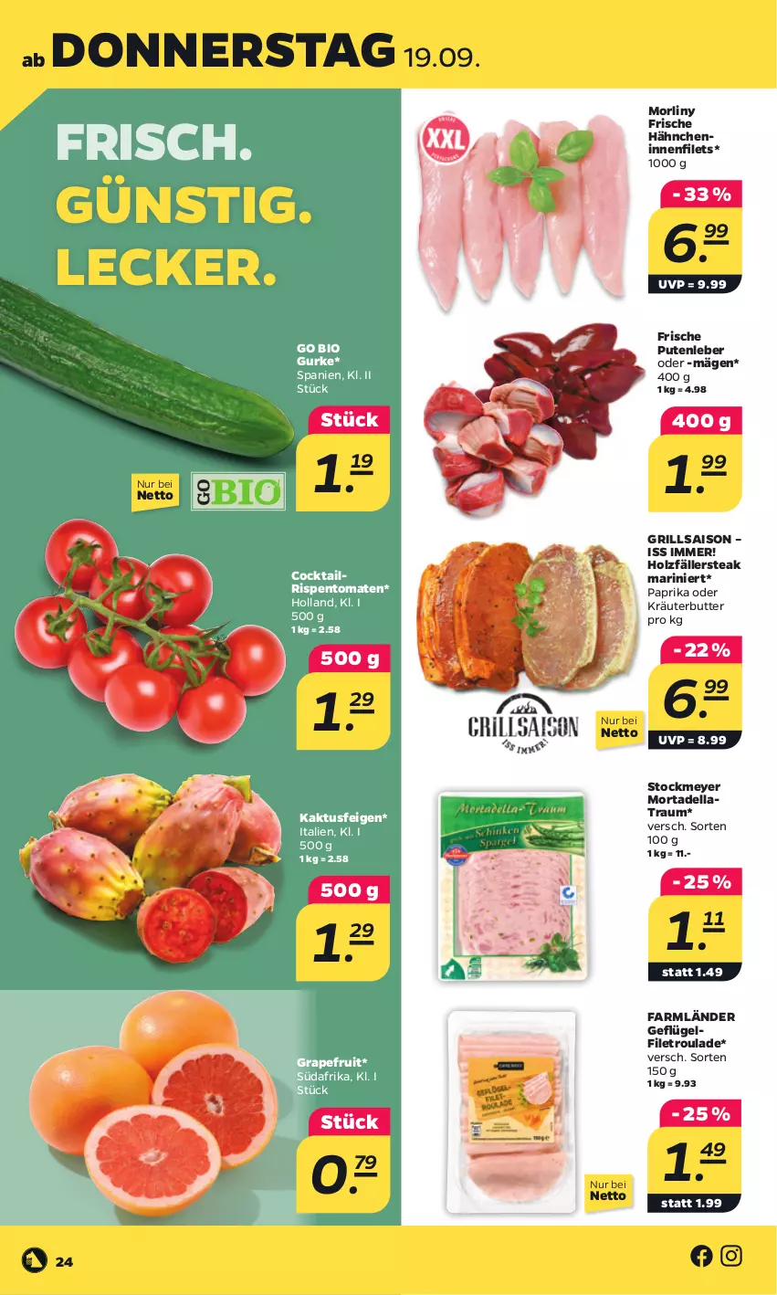 Aktueller Prospekt Netto - Woche 38 - von 16.09 bis 21.09.2024 - strona 28 - produkty: bio, butter, cocktail, dell, Feigen, filet, filets, Frische Hähnchen, Geflügel, grapefruit, grill, gurke, Holz, kräuter, kräuterbutter, mortadella, oder kräuter, paprika, pute, rispentomaten, steak, stockmeyer, Ti, tomate, tomaten