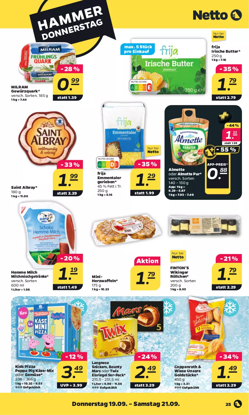 Aktueller Prospekt Netto - Woche 38 - von 16.09 bis 21.09.2024 - strona 29 - produkty: albray, almette, bounty, butter, coppenrath, eis, Eisriegel, emmentaler, getränk, getränke, gewürz, gewürzquark, Goldstücke, irische butter, Käse, langnese, mars, Mett, milch, milchmischgetränke, milram, oder twix, Peppa Pig, pizza, quark, reis, riegel, saint albray, snickers, Ti, twix, waffeln