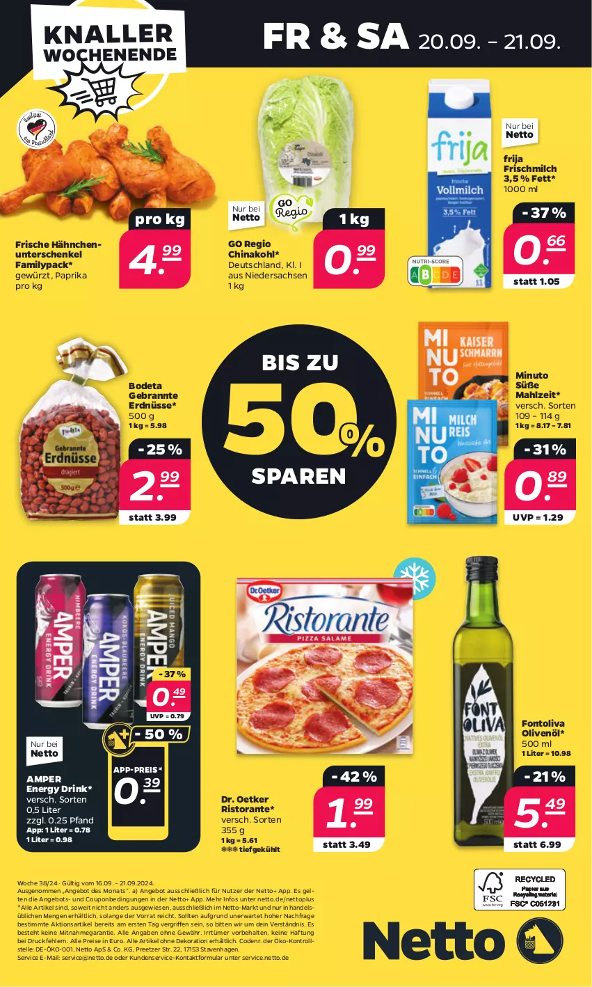 Aktueller Prospekt Netto - Woche 38 - von 16.09 bis 21.09.2024 - strona 32 - produkty: alle artikel ohne dekoration, angebot, coupon, dekoration, Dr. Oetker, drink, eis, elle, energy drink, erdnüsse, Frische Hähnchen, Gebrannte Erdnüsse, gewürz, henkel, milch, olive, oliven, olivenöl, paprika, reis, ristorante, sac, schenkel, Ti