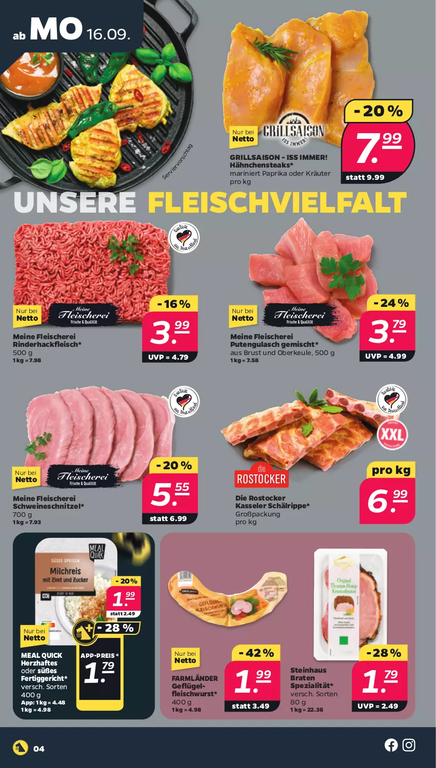 Aktueller Prospekt Netto - Woche 38 - von 16.09 bis 21.09.2024 - strona 4 - produkty: braten, eis, fertiggericht, fleisch, Fleischerei, fleischwurst, Geflügel, grill, gulasch, hackfleisch, Hähnchensteak, hähnchensteaks, kasseler, kräuter, oder kräuter, paprika, pute, reis, rind, rinder, rinderhackfleisch, Rostocker, Schere, schnitzel, schwein, schweine, schweineschnitzel, Spezi, steak, steaks, steinhaus, Ti, wein, weine, wurst