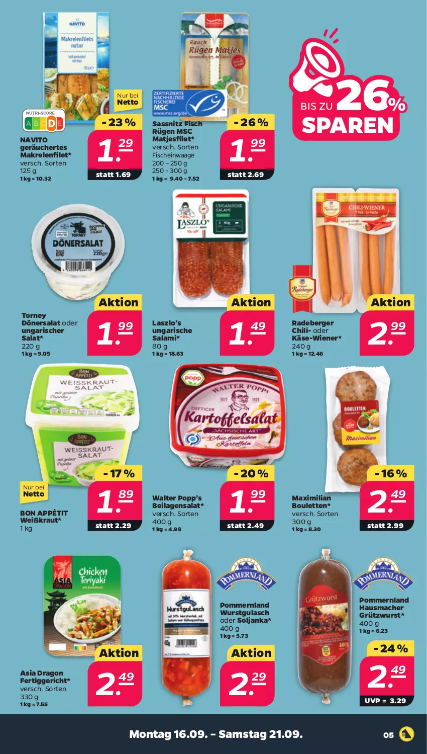 Aktueller Prospekt Netto - Woche 38 - von 16.09 bis 21.09.2024 - strona 5 - produkty: Berger, chili, fertiggericht, filet, fisch, fische, gulasch, Hausmacher, ilag, Käse, Kraut, mac, Makrele, matjes, Matjesfilet, Popp, radeberger, rel, salami, salat, Ti, Ungarische Salami, Waage, wiener, wurst