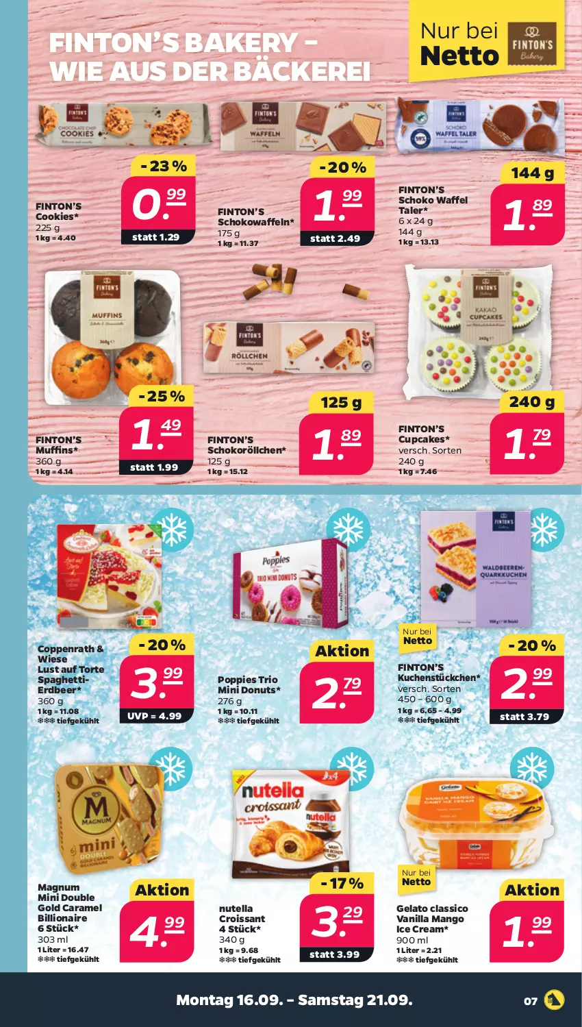 Aktueller Prospekt Netto - Woche 38 - von 16.09 bis 21.09.2024 - strona 7 - produkty: caramel, classico, cookie, cookies, coppenrath, Croissant, Donut, donuts, kuchen, lion, Lust auf Torte, magnum, Magnum Mini, mango, Muffin, muffins, nutella, Popp, schoko, spaghetti, Ti, torte, waffeln