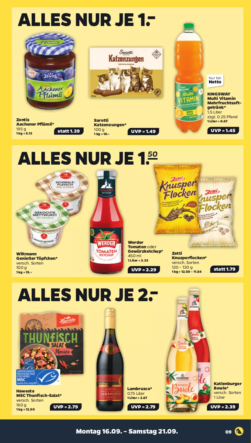 Aktueller Prospekt Netto - Woche 38 - von 16.09 bis 21.09.2024 - strona 9 - produkty: bowle, burger, erde, fisch, frucht, fruchtsaft, fruchtsaftgetränk, getränk, gewürz, gewürzketchup, gsw, hawesta, katlenburger, ketchup, Knusperflocken, Lambrusco, saft, salat, saro, sarotti, thunfisch, Ti, tomate, tomaten, Töpfchen, vita, wiltmann, zentis