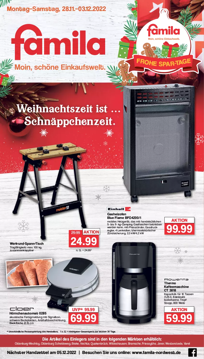 Aktueller Prospekt Famila - Prospekte - von 28.11 bis 03.12.2022 - strona 1 - produkty: auto, edelstahl, eis, elle, erde, flasche, gasflaschen, hörnchen, isolierkanne, jever, kaffee, kaffeemaschine, latte, LG, Ofen, reis, rel, schnäppchen, Signal, tasse, teller, Ti, tisch, Weste, Wild, ZTE