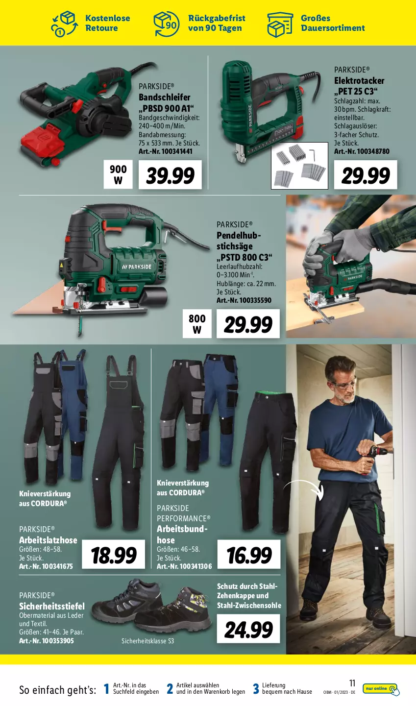 Aktueller Prospekt Lidl - Aktuelle Onlineshop-Highlights - von 01.01 bis 31.01.2023 - strona 11 - produkty: auer, Bandschleifer, Elektro, hose, korb, kraft, Latzhose, Parkside, Pendelhubstichsäge, Ria, säge, stichsäge, Ti