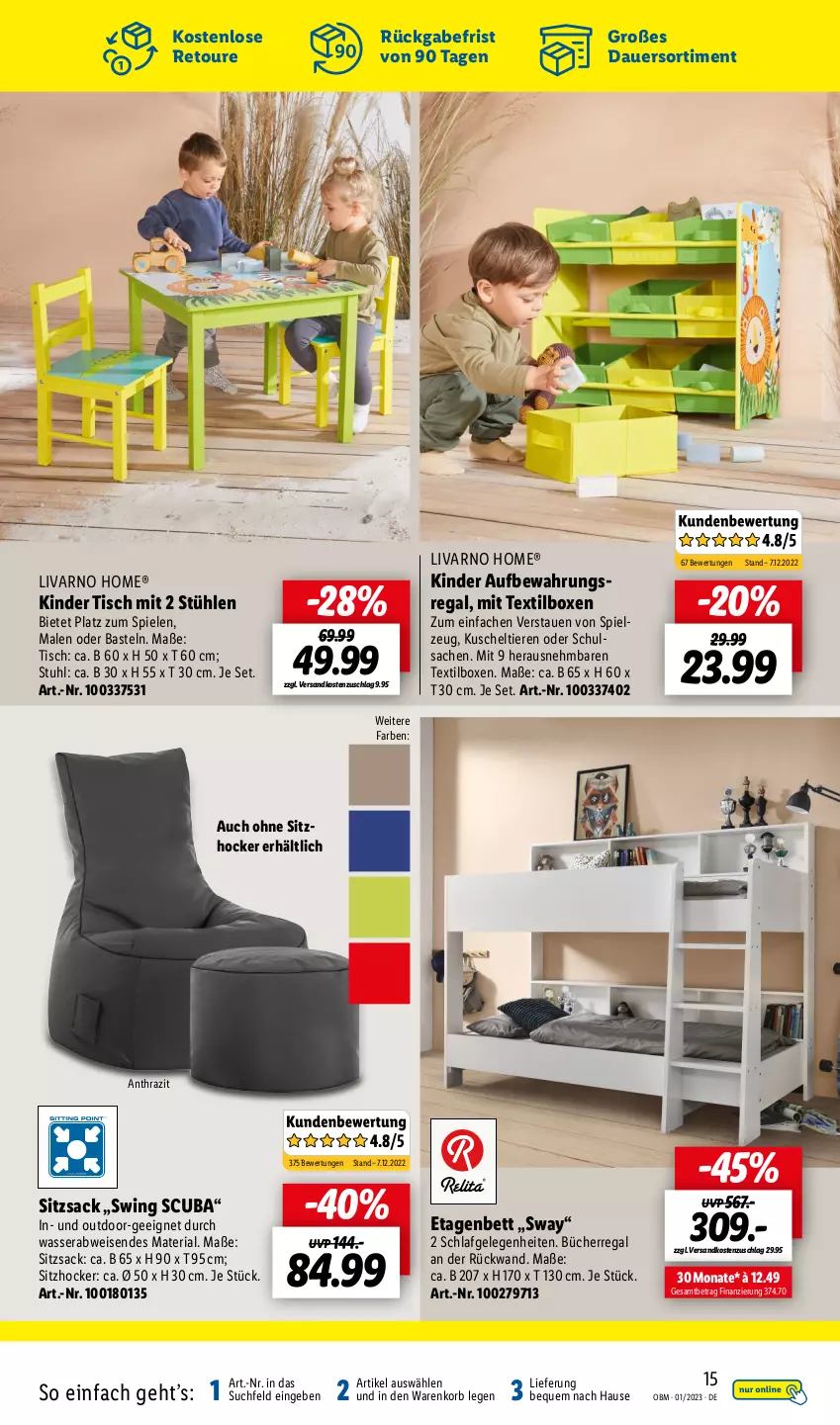 Aktueller Prospekt Lidl - Aktuelle Onlineshop-Highlights - von 01.01 bis 31.01.2023 - strona 15 - produkty: auer, bett, eis, Etagenbett, hocker, Kinder, korb, Kuscheltiere, ndk, regal, Ria, rückwand, sac, Spiele, spielzeug, Stühl, stuhl, Ti, Tiere, tisch, wasser