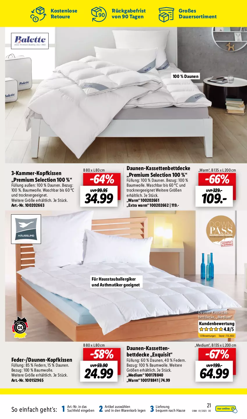 Aktueller Prospekt Lidl - Aktuelle Onlineshop-Highlights - von 01.01 bis 31.01.2023 - strona 21 - produkty: auer, ball, Bau, baumwolle, bett, decke, Ergee, kissen, kopfkissen, korb, Ti, Trockner, wolle