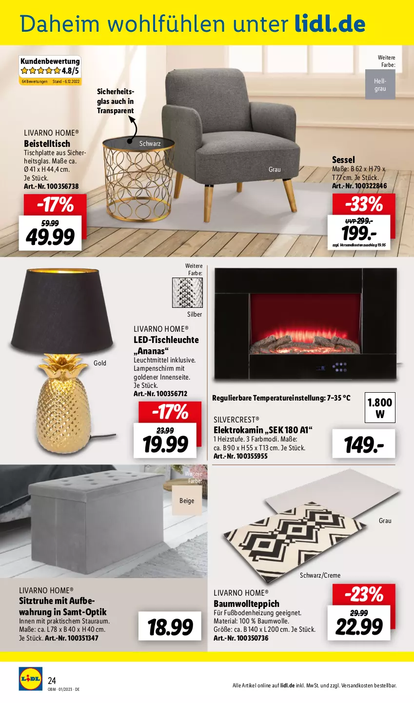 Aktueller Prospekt Lidl - Aktuelle Onlineshop-Highlights - von 01.01 bis 31.01.2023 - strona 24 - produkty: ananas, Bau, baumwolle, beistelltisch, creme, eis, Elektro, HP, Kamin, Lampe, Lampenschirm, latte, led-tischleuchte, Leuchte, leuchtmittel, LG, ndk, Ria, sessel, silvercrest, Sitztruhe, teppich, Ti, tisch, tischleuchte, tischplatte, wolle