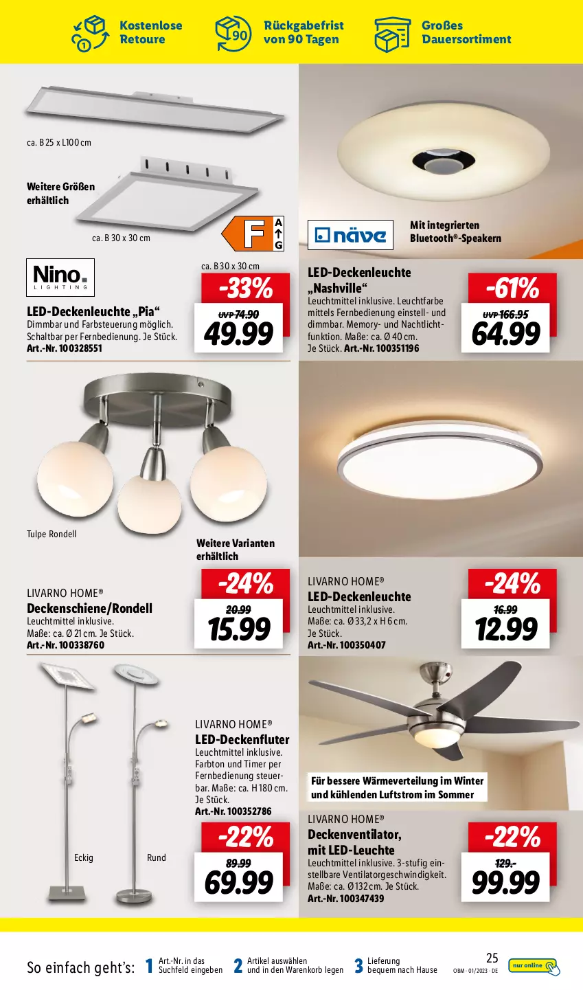 Aktueller Prospekt Lidl - Aktuelle Onlineshop-Highlights - von 01.01 bis 31.01.2023 - strona 25 - produkty: auer, decke, deckenfluter, deckenleuchte, dell, fernbedienung, korb, led-deckenleuchte, LED-Leuchte, Leuchte, leuchtmittel, Nachtlicht, Ria, Rondell, Schal, Ti, timer, ventilator